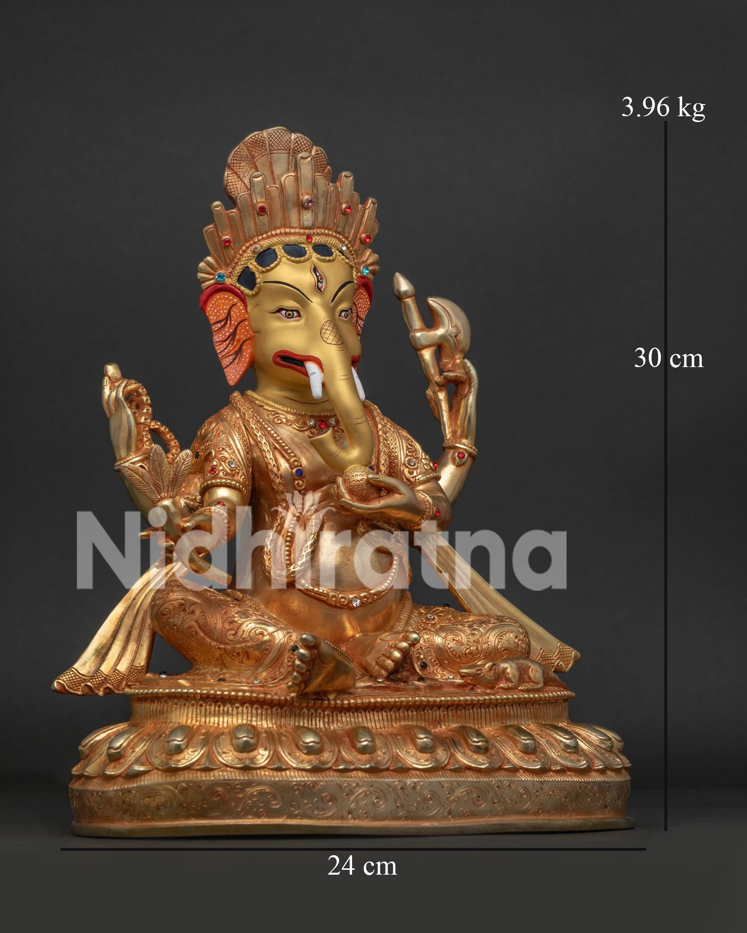 Right side view of hand-carved Ganesh statue with sacred attributes and mouse figurine