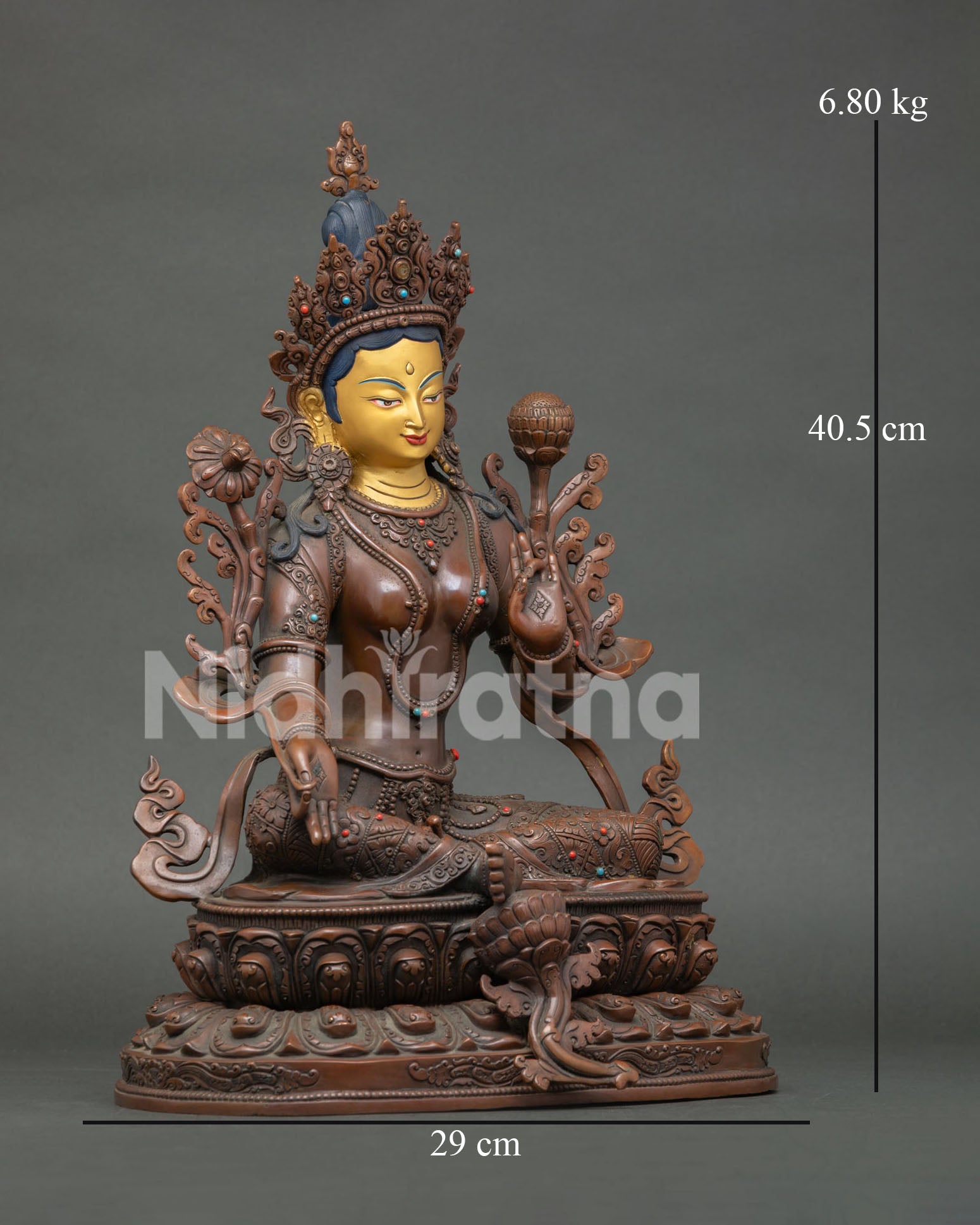 Right side view of handcrafted Green Tara statue in oxidized copper from Nepal