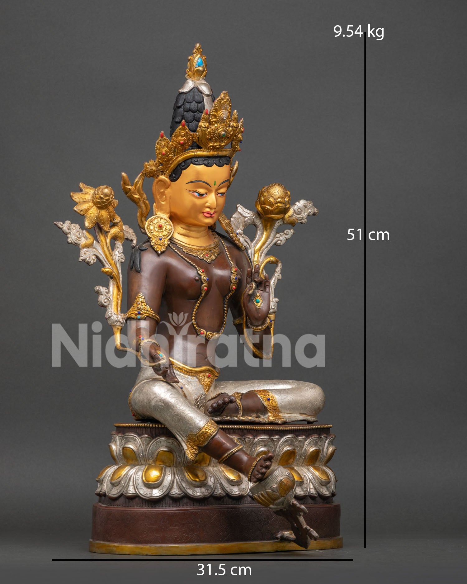 Right side view of handcrafted Green Tara statue in oxidized copper
