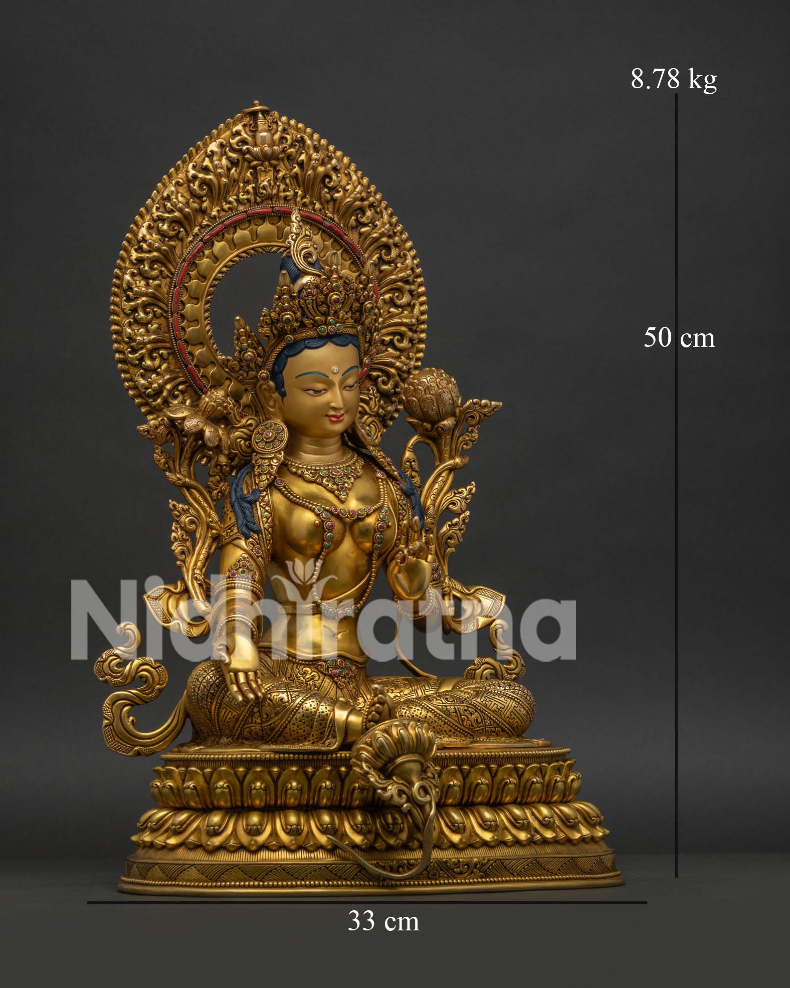 Right side view of handcrafted Green Tara Statue on double lotus throne