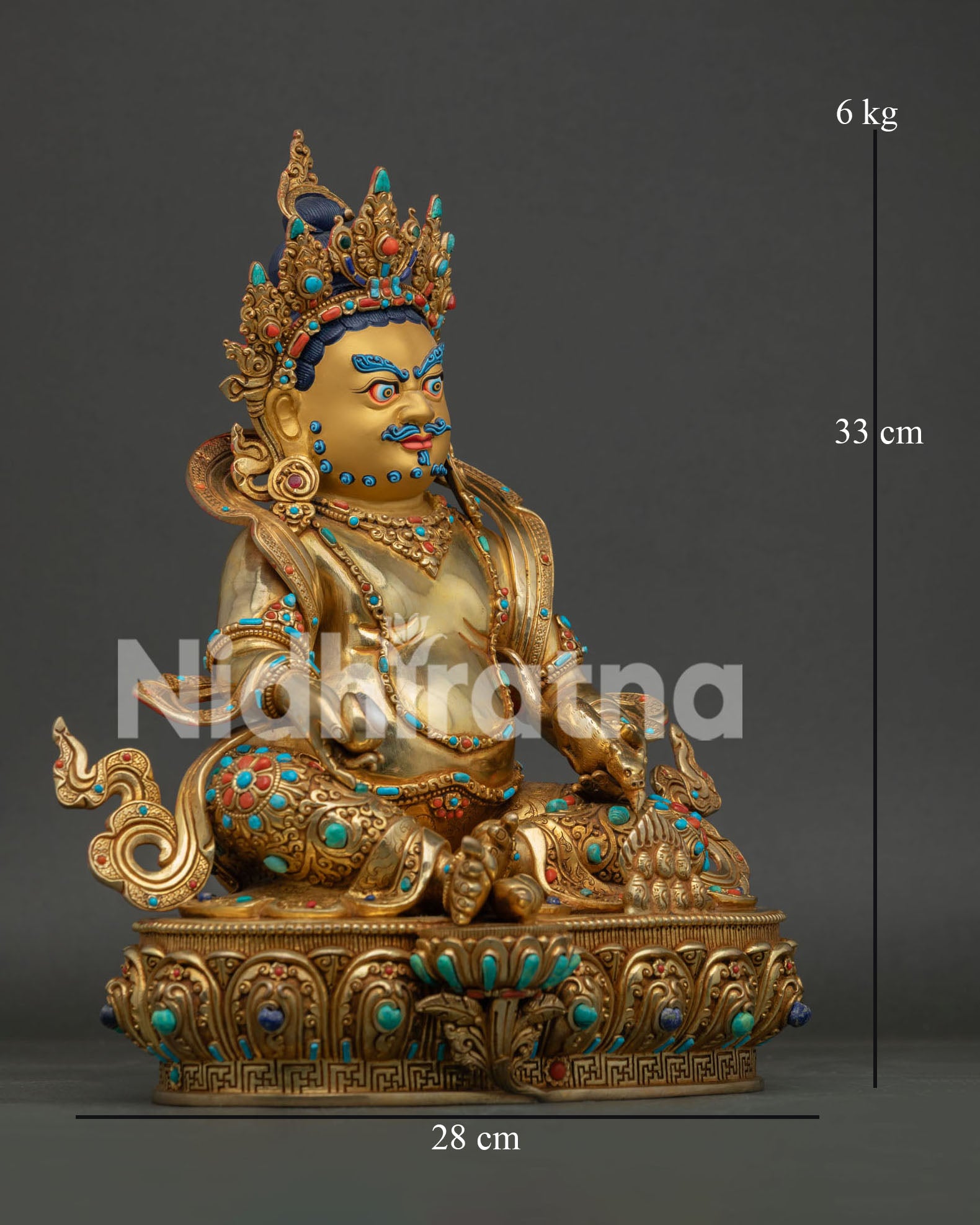 Right side view of handcrafted Jambhala Statue with wealth mongoose citron fruit and lotus throne