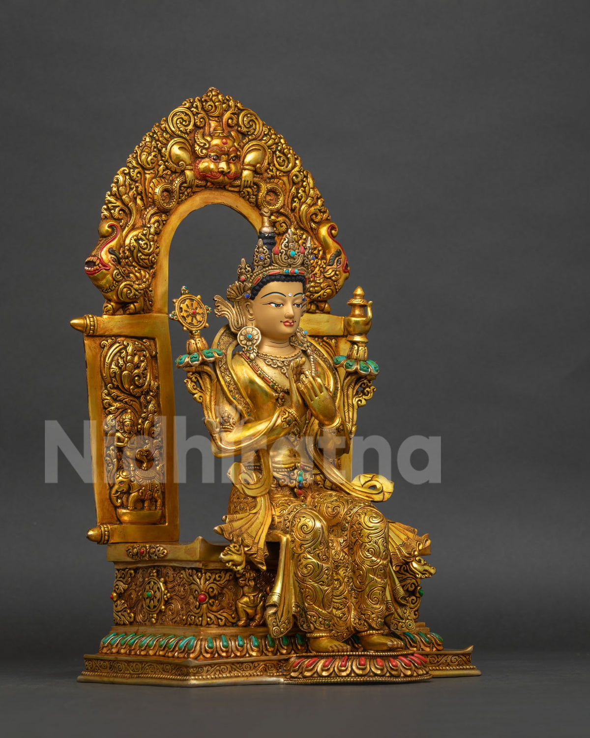 Right side view of handcrafted Maitreya Buddha statue on lotus throne