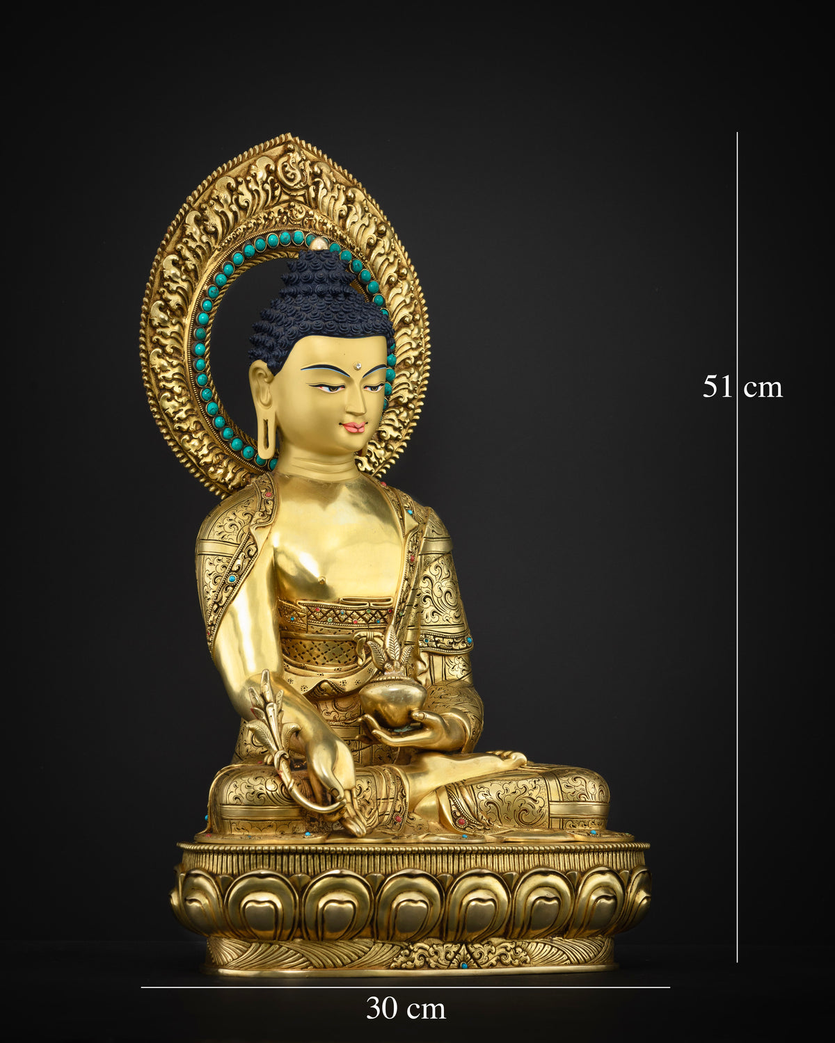 Right side view of handcrafted Medicine Buddha Bhaisajyaguru statue, gold gilded Nepal copper
