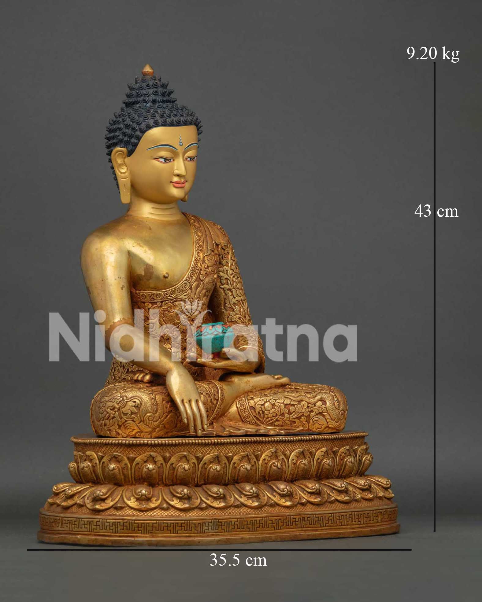Right Side View of Handcrafted Shakyamuni Buddha Statue with Turquoise Bowl