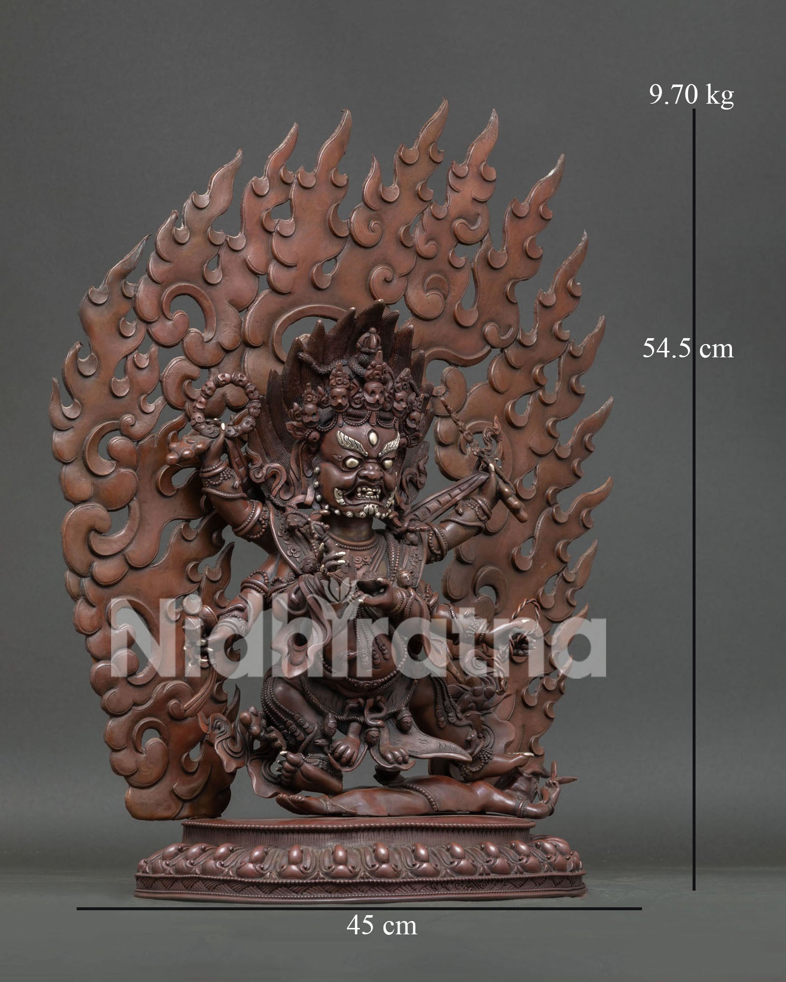 Right side view of handcrafted Six Arm Mahakala Statue in oxidized copper finish