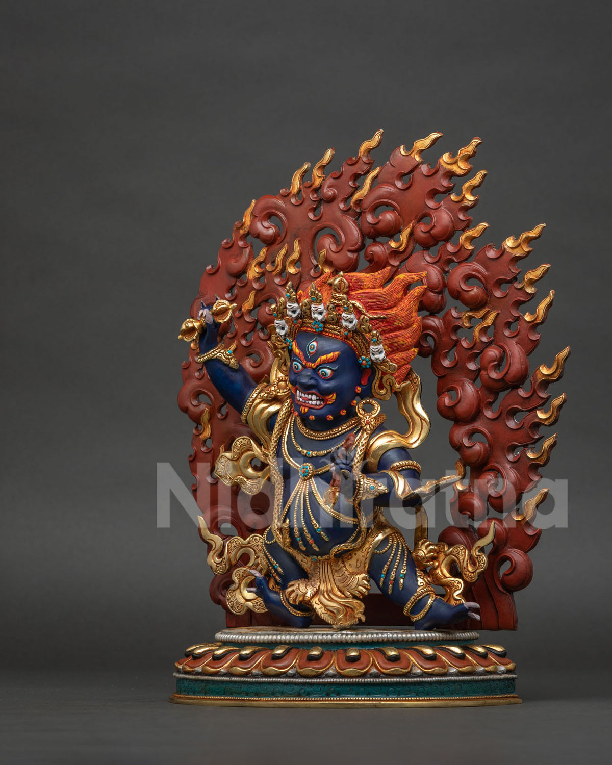 Left side view of handcrafted Nepal Vajrapani statue with lasso and ornate robes
