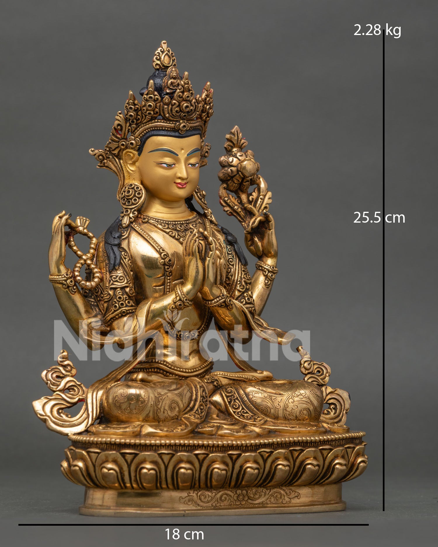 Right Side View of Handmade Avalokiteshvara Chenrezig Gold Fire Gilded Copper Statue