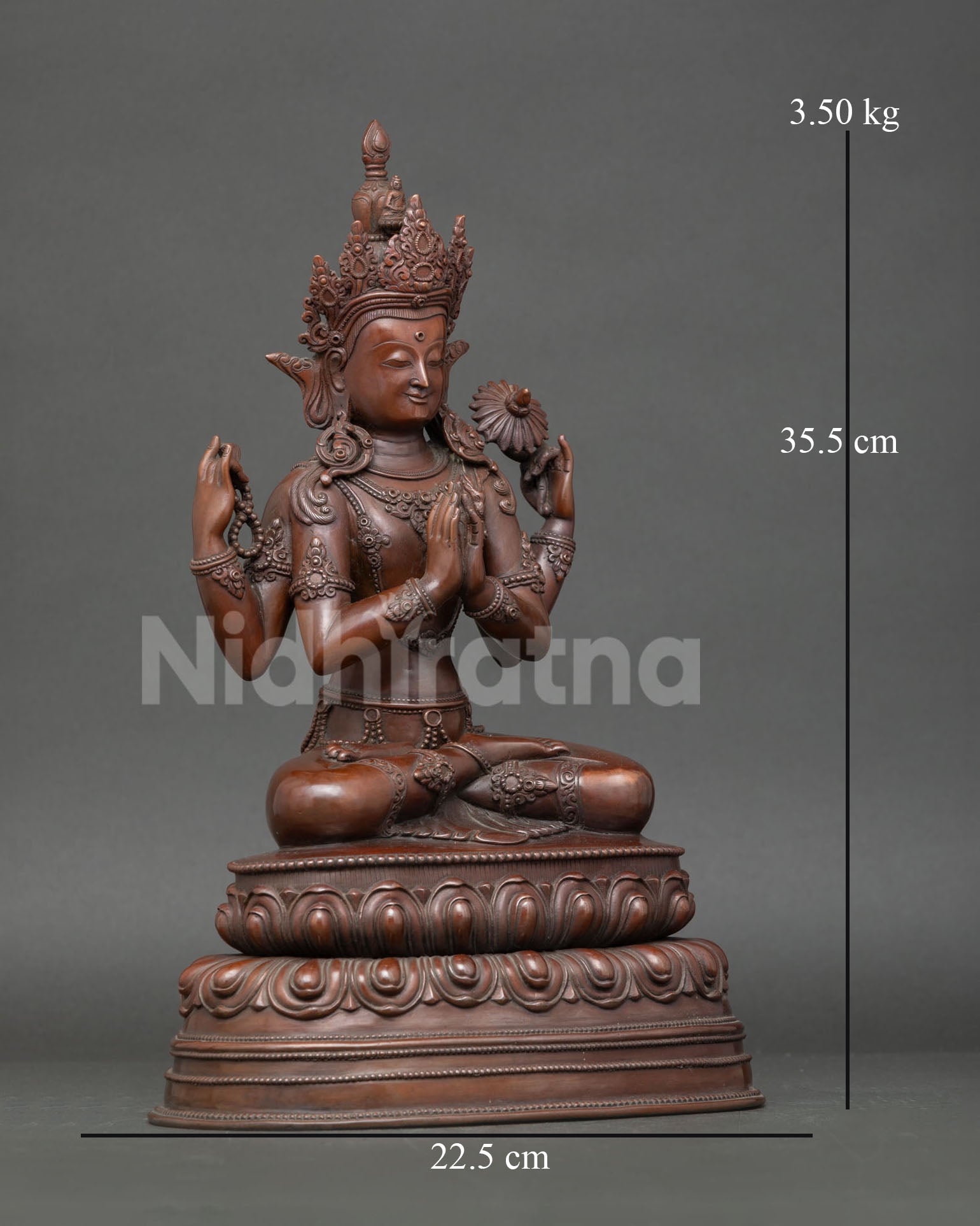 Right side view of handmade Chenrezig Tibetan statue in oxidized copper, showing crystal rosary and upper arm detail