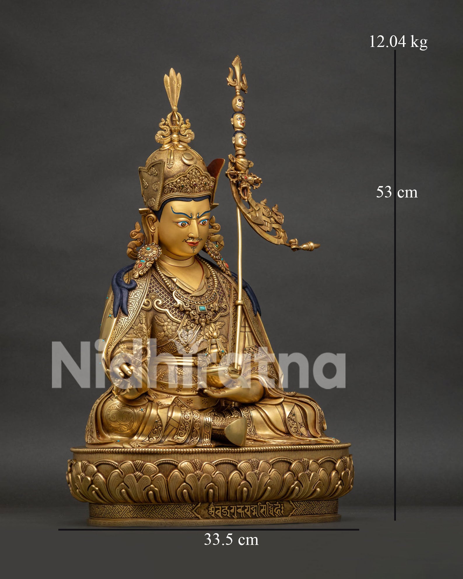 Right side view of handmade copper Guru Rinpoche statue from Nepal
