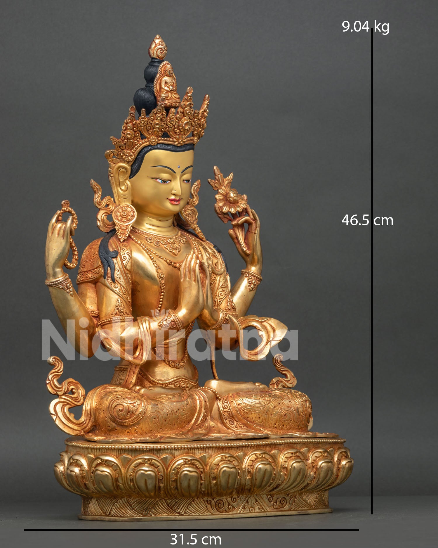 Right side view of handmade Nepalese Chenrezig statue highlighting lost-wax copper craft
