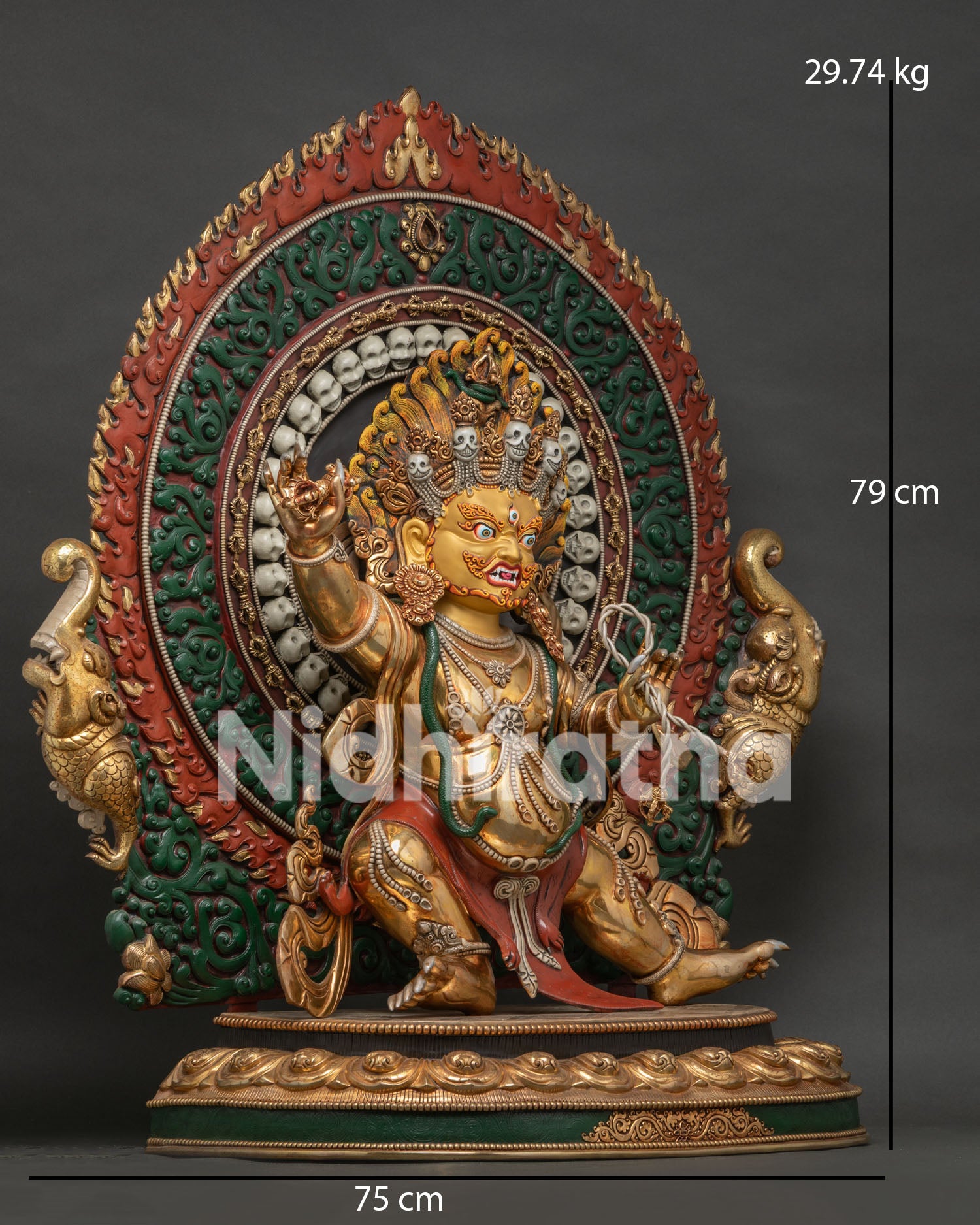 Right side view of handmade Vajrapani statue, gold-gilded copper Nepal