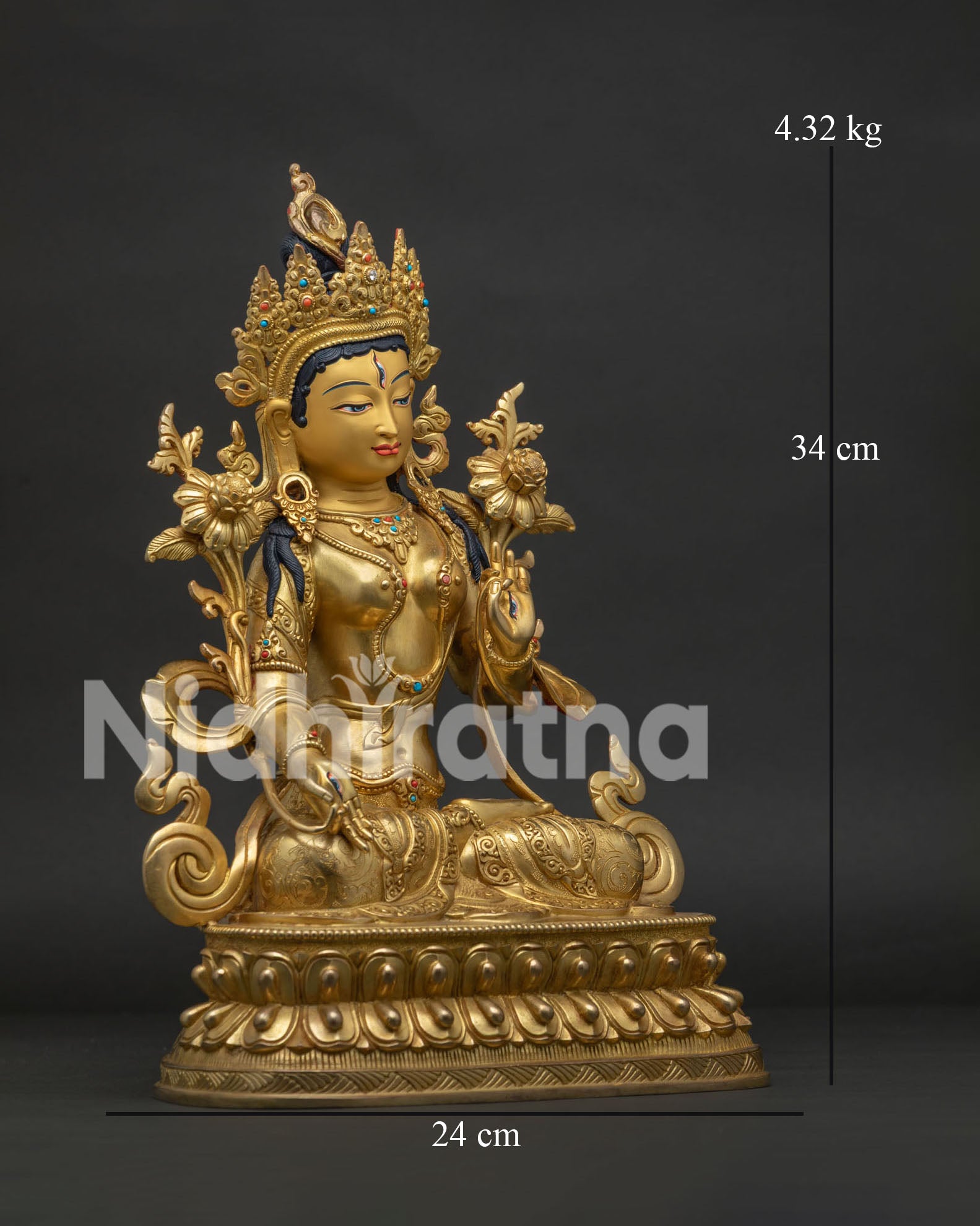 Right side view of handmade White Tara Statue on lotus pedestal