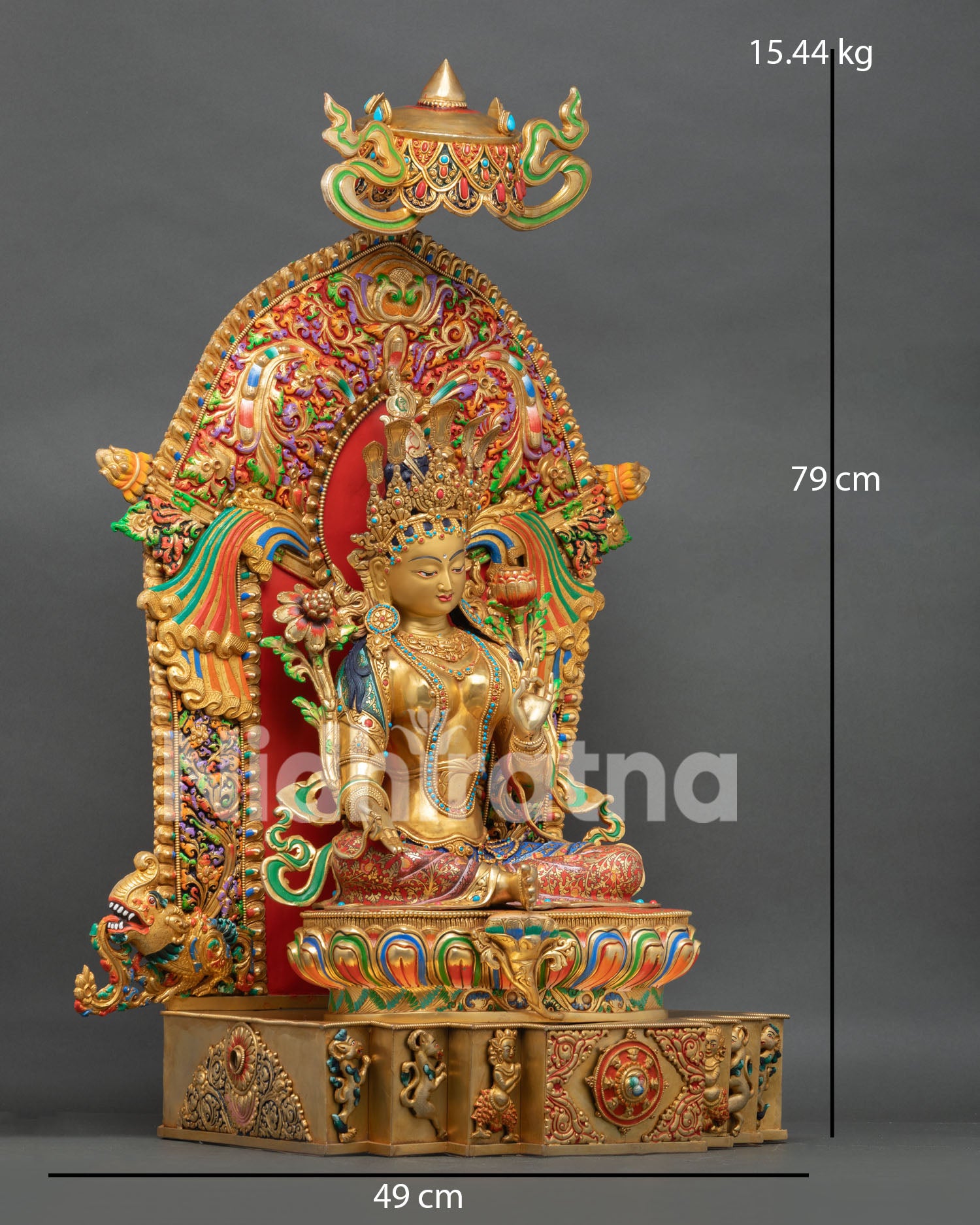 Right side view of large Green Tara statue on Tibetan throne with multicolor acrylic paintwork