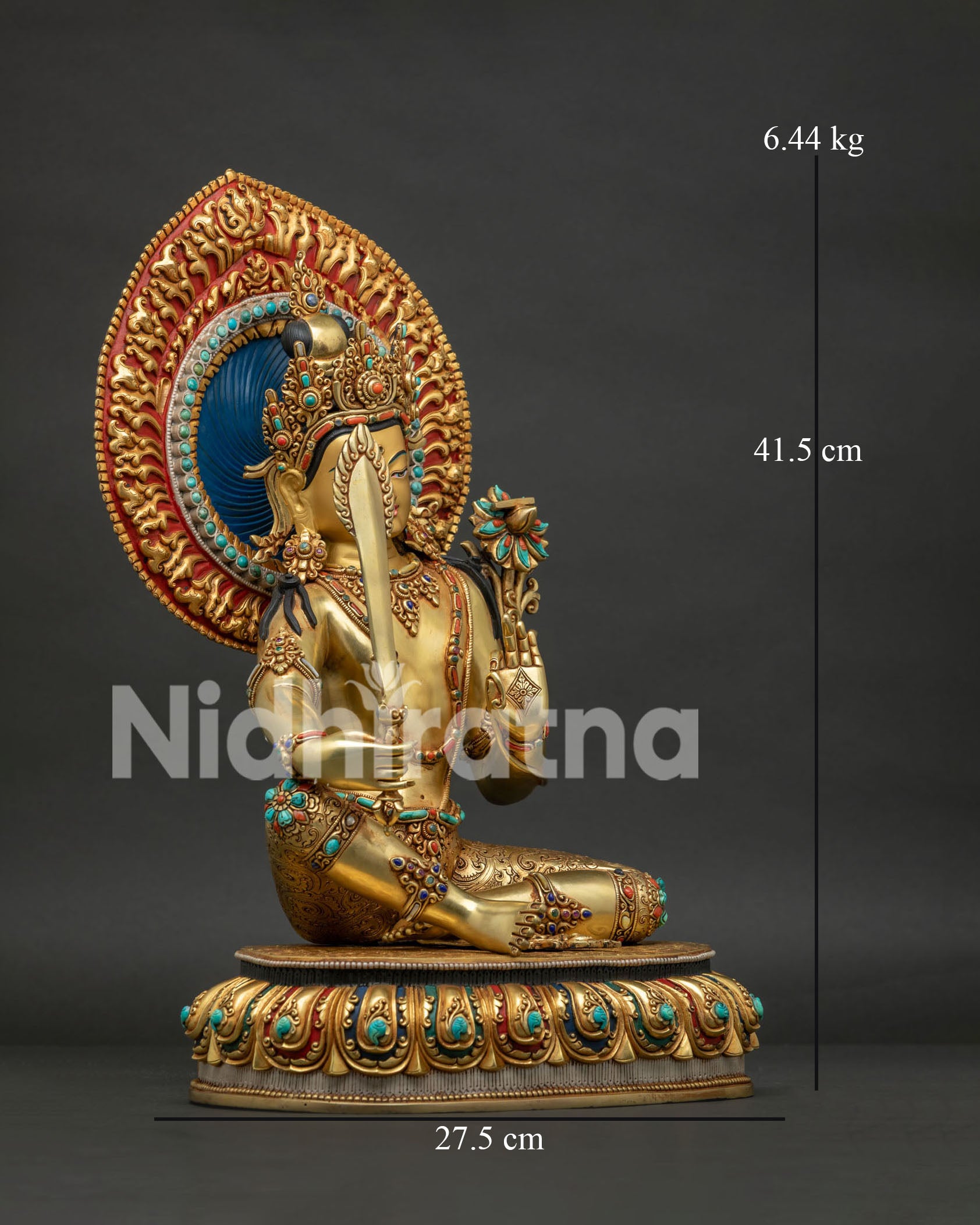 Right side view of Manjushri statue — flaming sword of wisdom detail, 24K gold fire-gilded