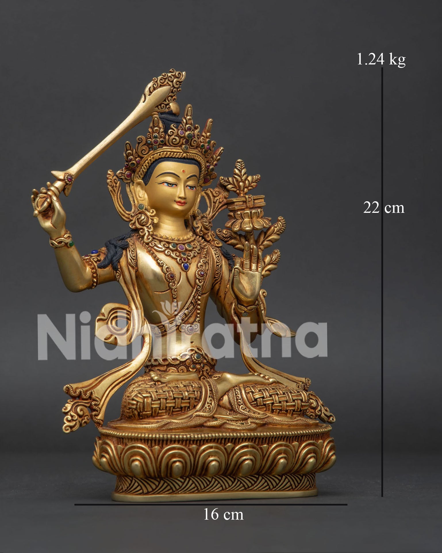 Right side view of Manjushri statue, handmade copper Buddhist sculpture from Nepal