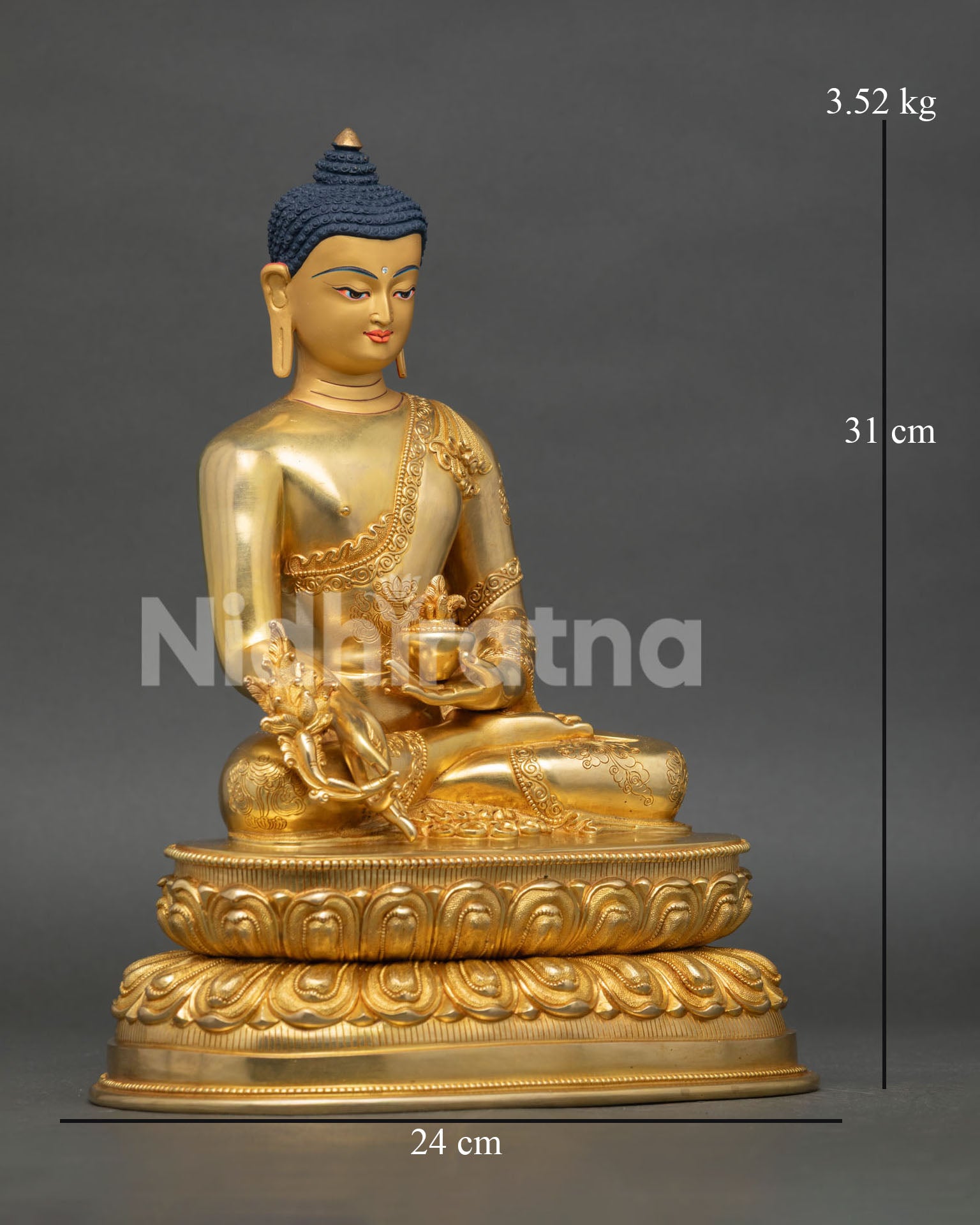 right side view of medicine buddha statue with copper body and sacred healing symbolism