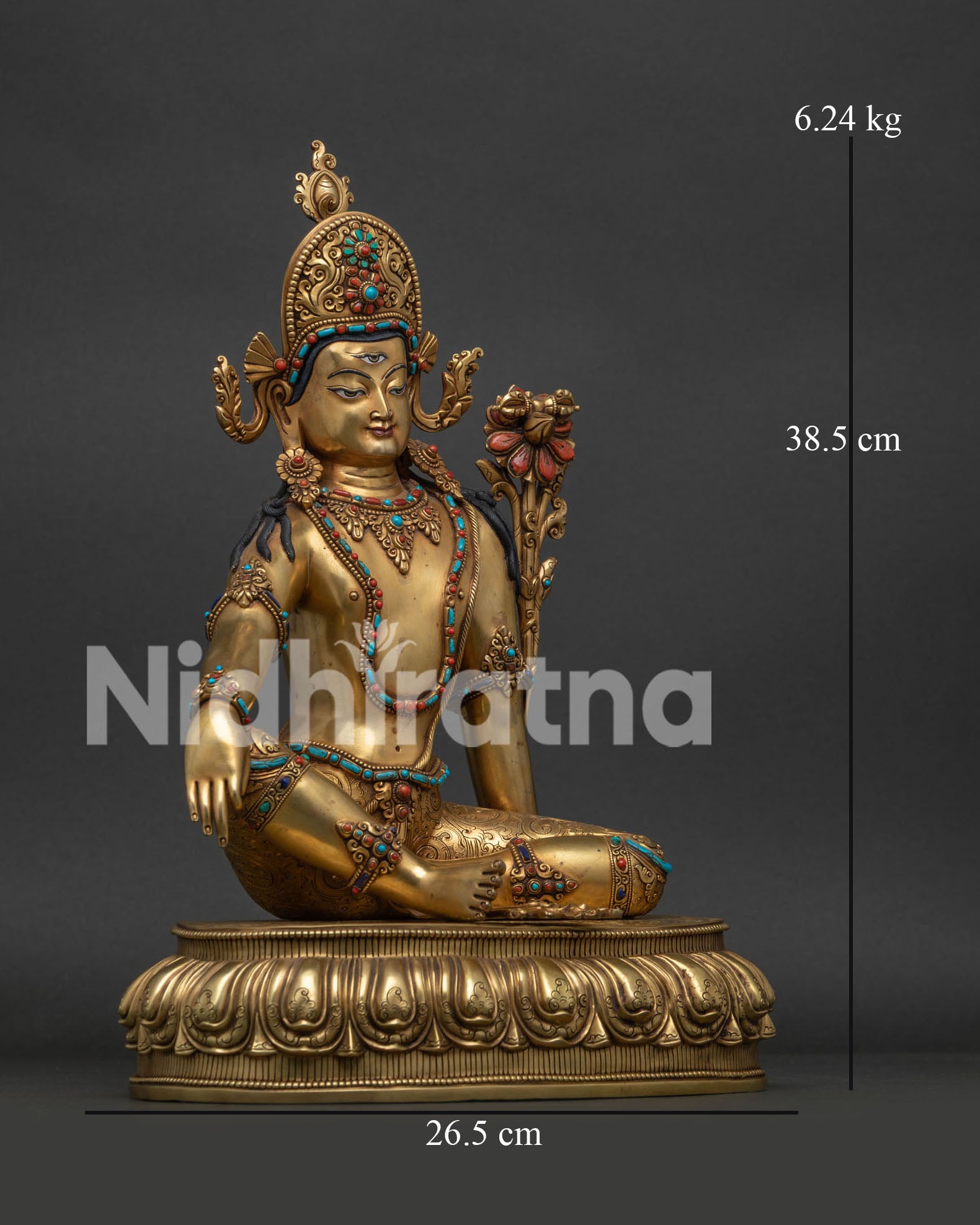 Right side view of Newari handcrafted Lord Indra statue holding utpala flower and vajra
