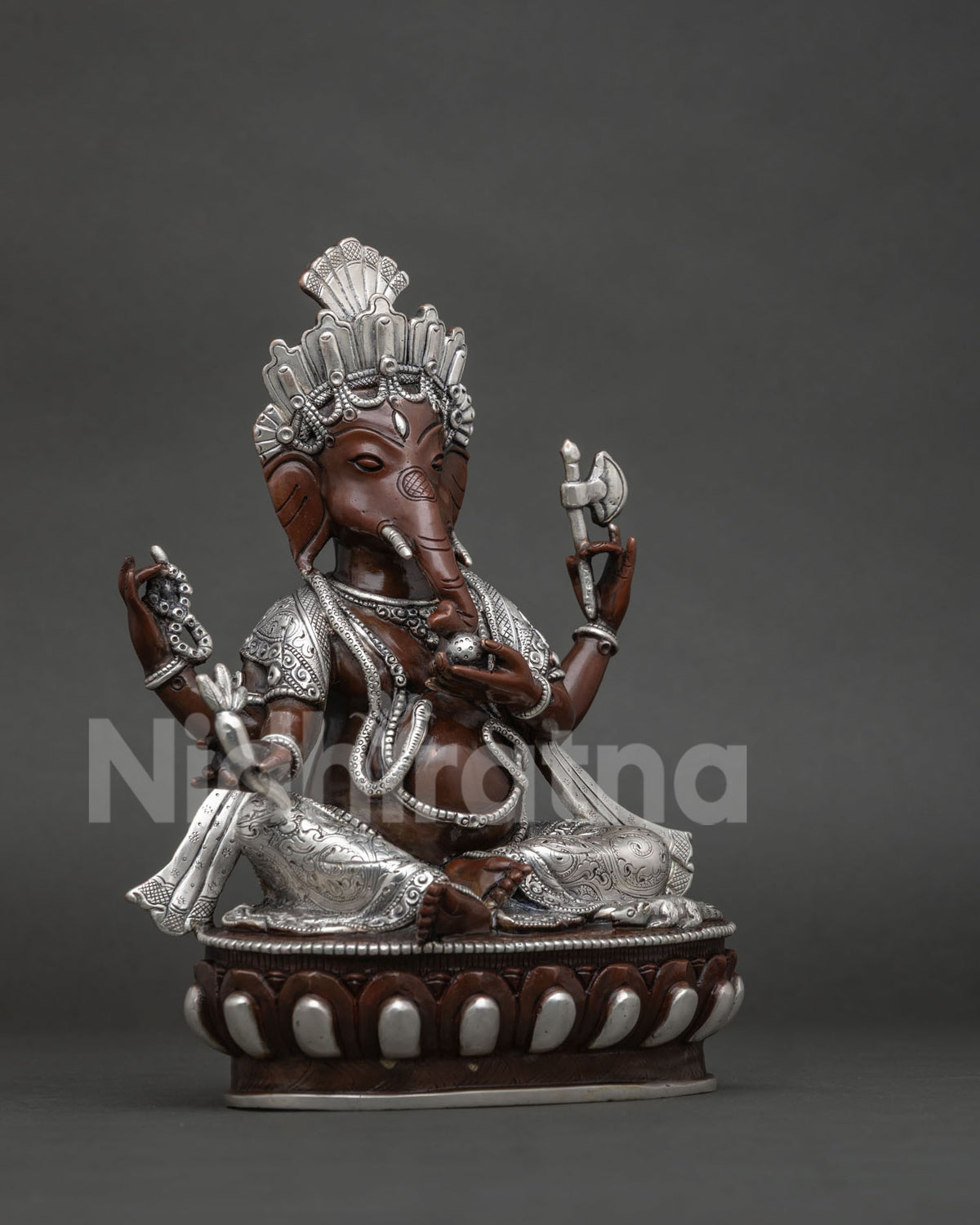 Right side view of oxidized copper Ganesha statue with mouse and sacred serpent