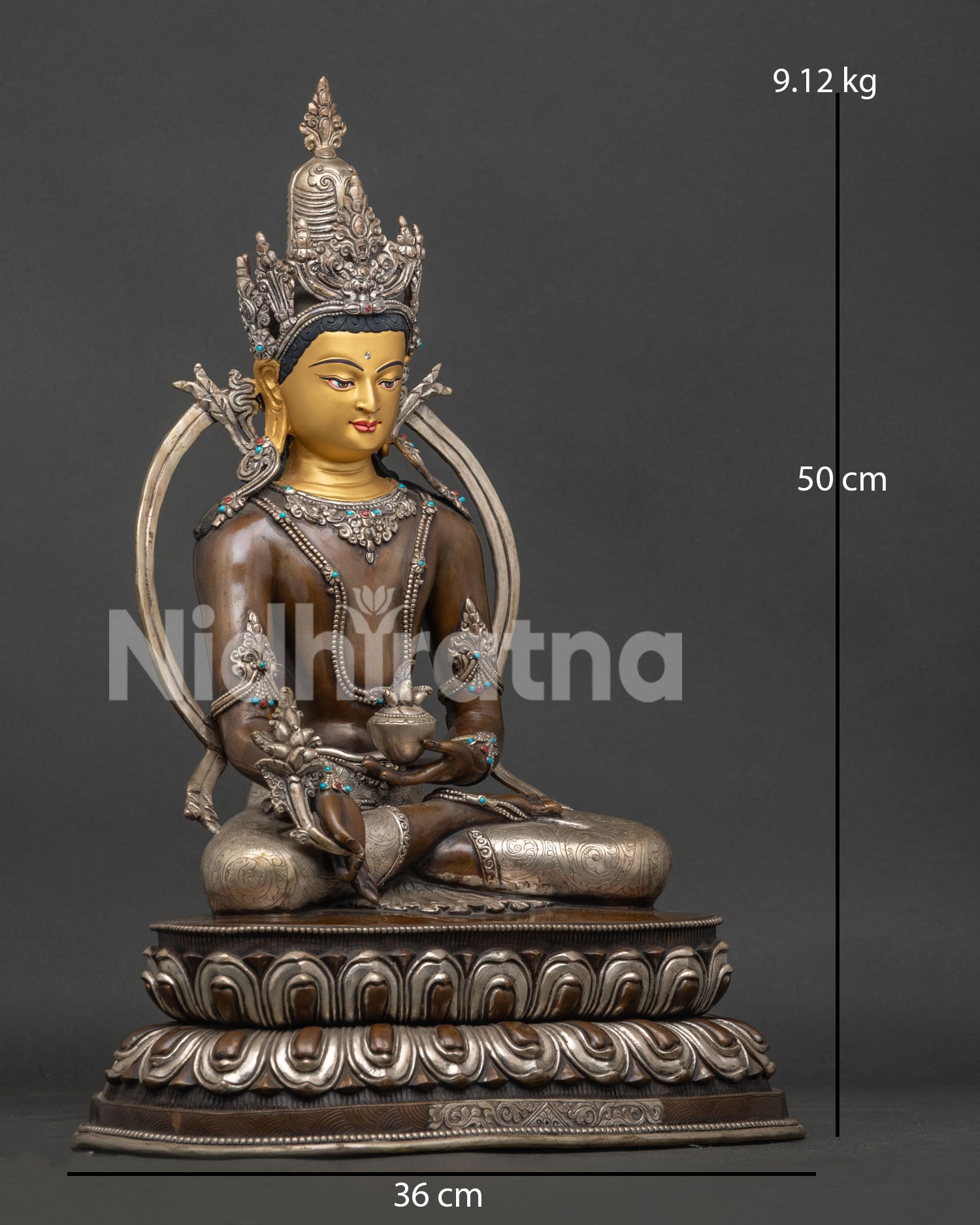 Right side view of Oxidized Medicine Buddha Statue on lotus throne with silver plated finish