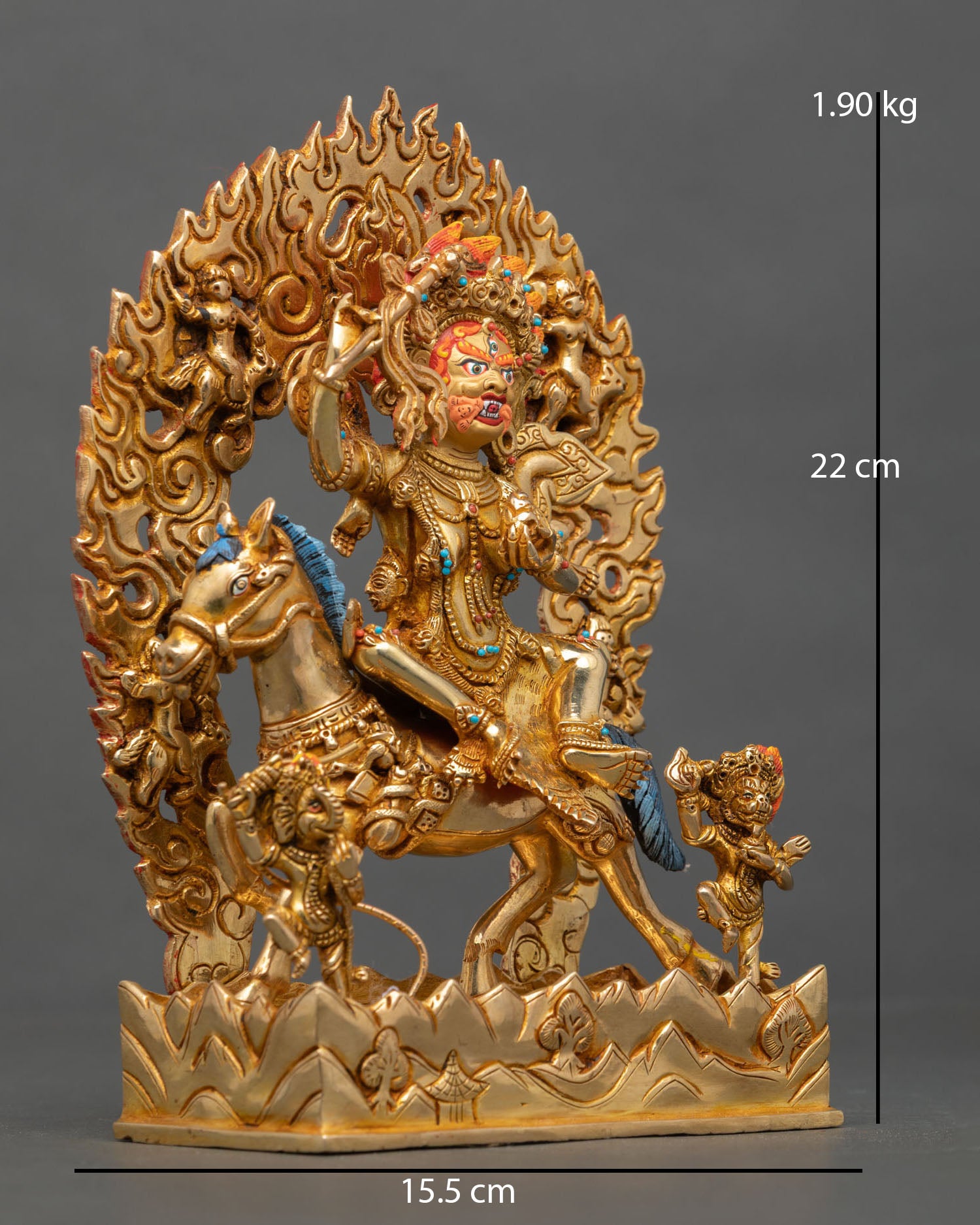 Right Side View of Palden Lhamo Statue on Mule with Buddhist Disciples