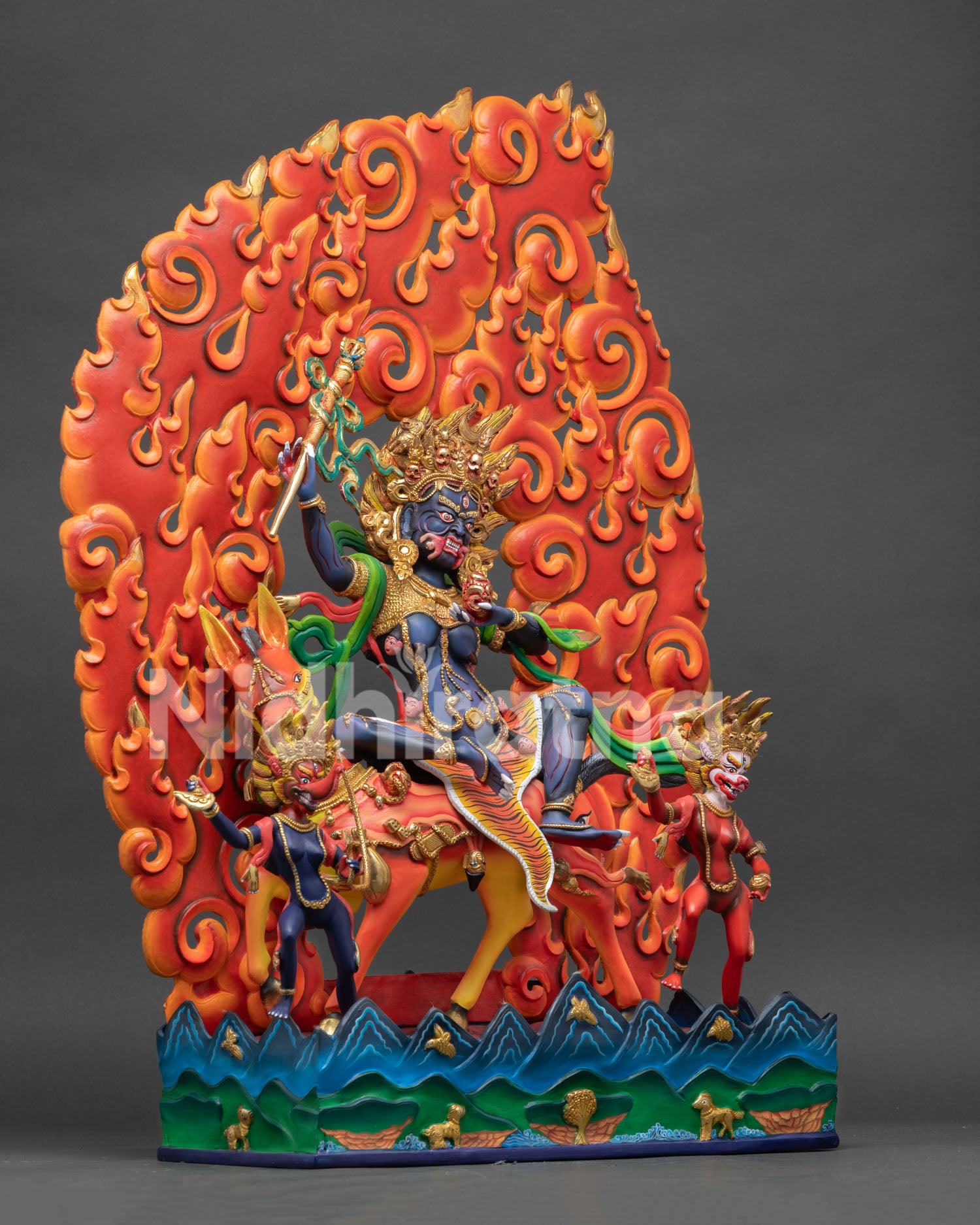 Right Side View of Palden Lhamo Statue with Flaming Mandorla and Copper Craftsmanship