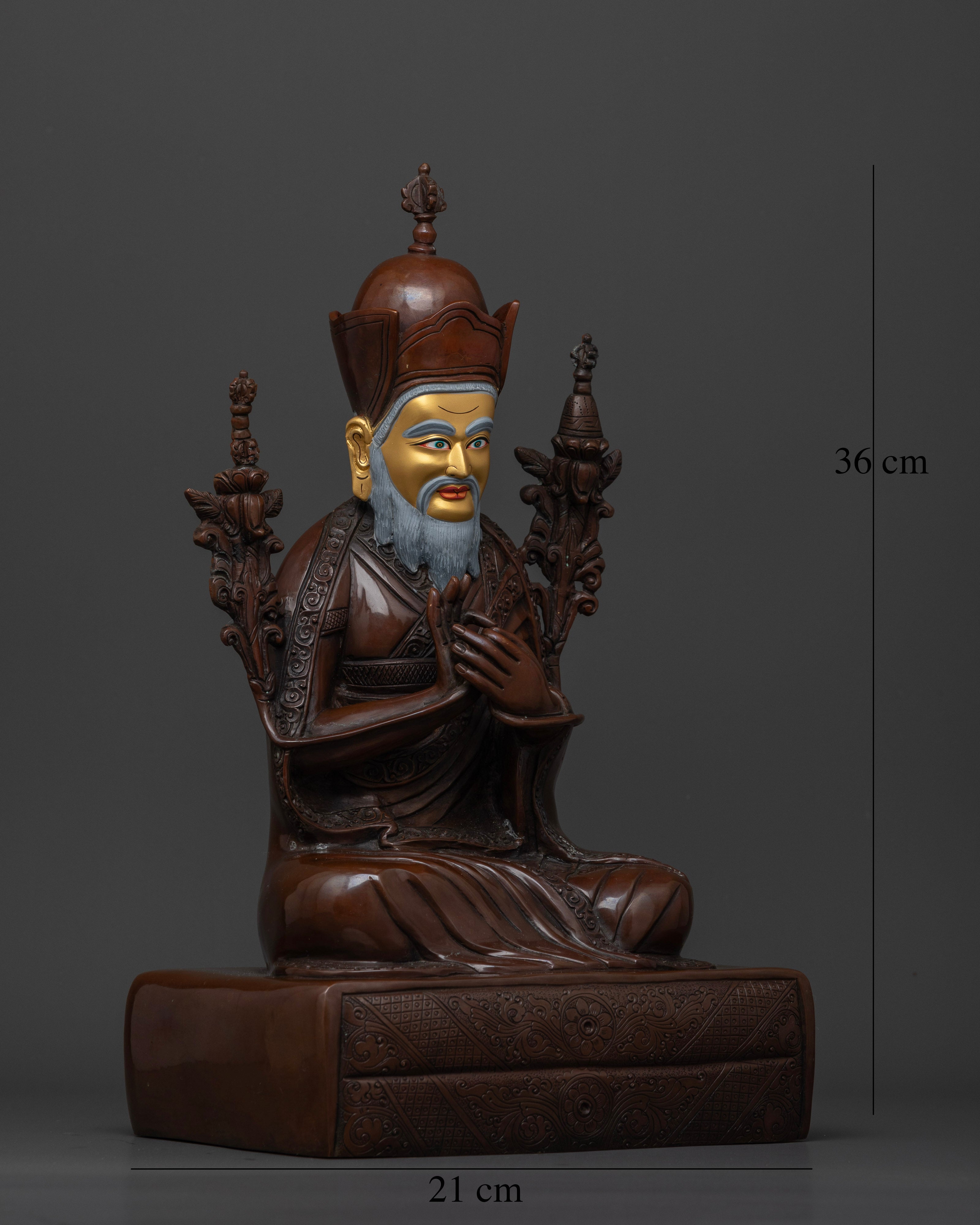 Right side view of Zhabdrung Rinpoche statue handcrafted oxidized copper Nepal