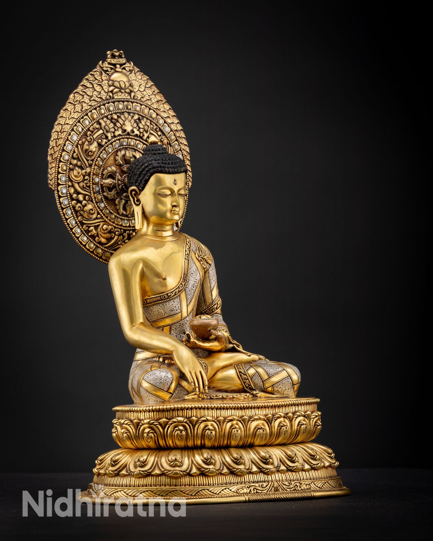 Right side view of Shakyamuni Buddha meditation statue showing bhumisparsha mudra hand gesture and double-layered lotus pedestal design