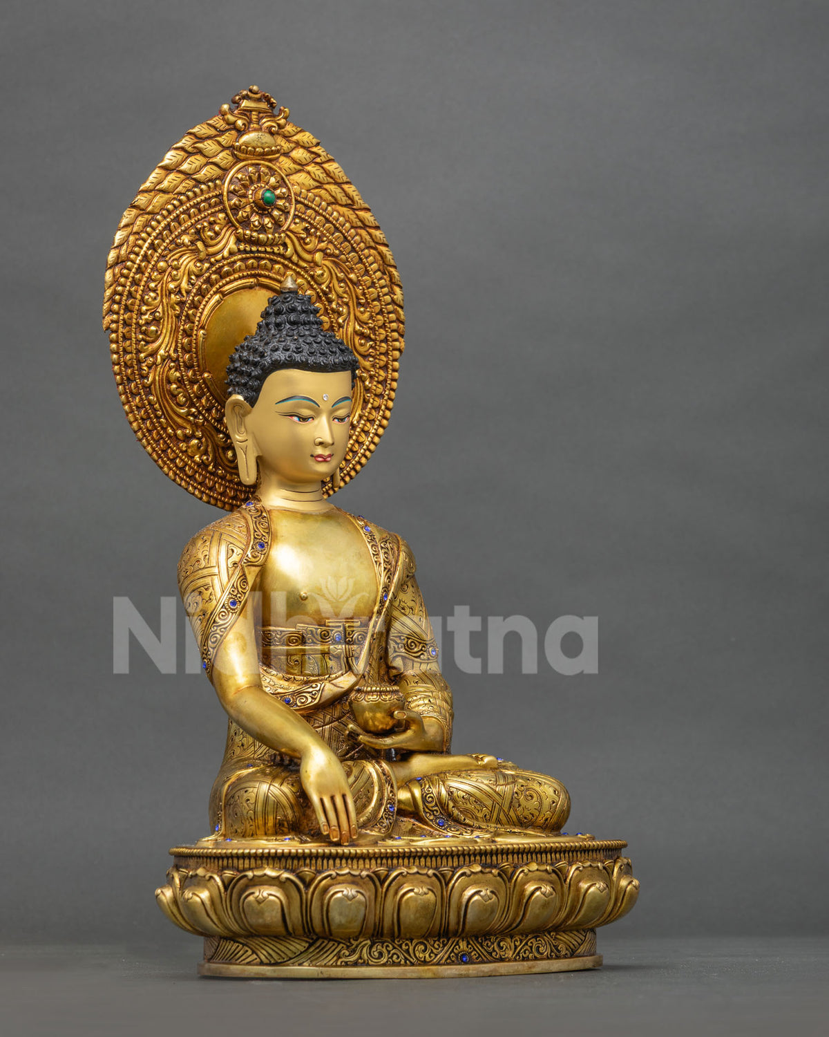 Right side view of Shakyamuni Buddha statue, gold fire-gilded copper Gautama Buddha idol from Nepal