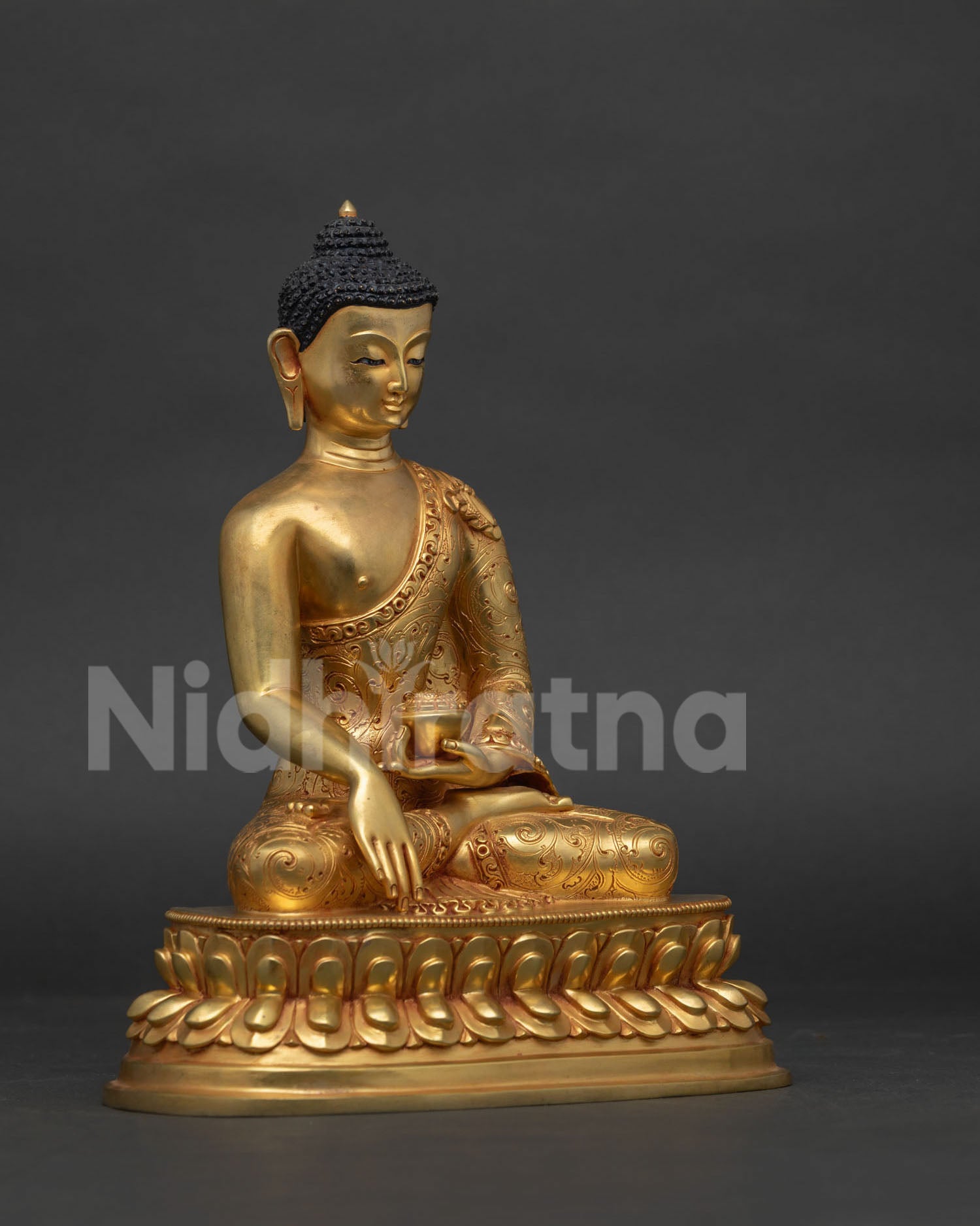 Right side view of Shakyamuni Buddha Statue, gold fire-gilded copper sculpture from Nepal
