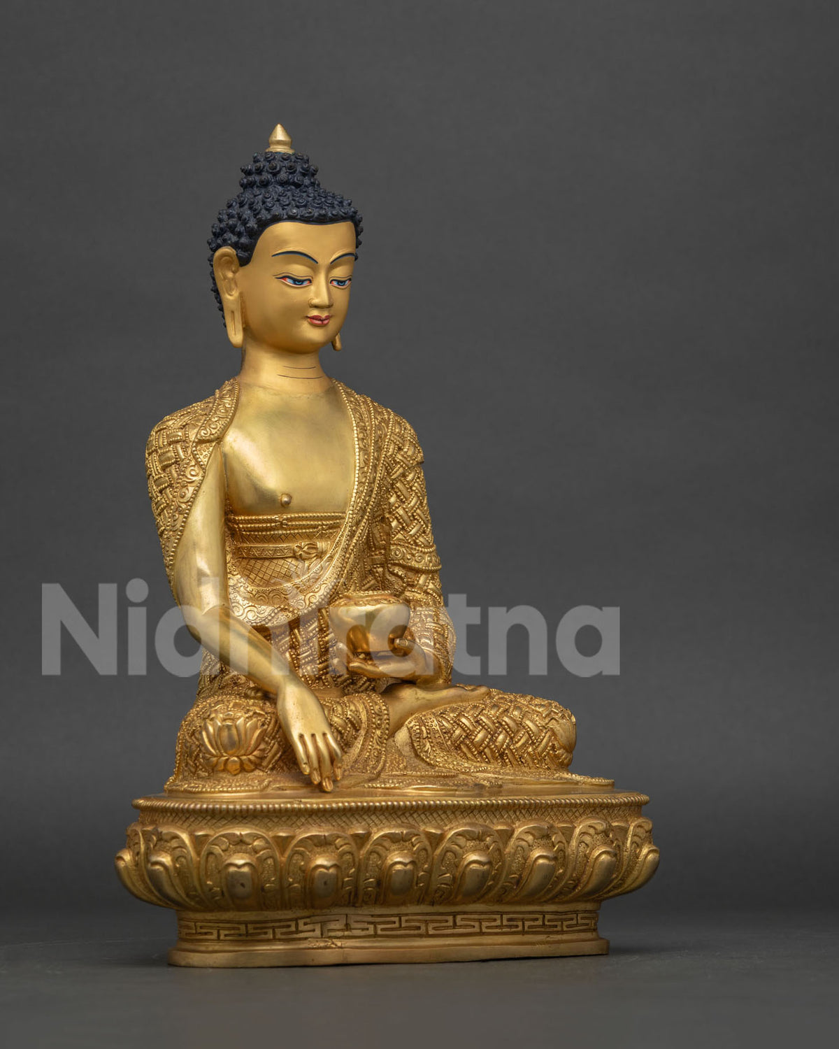 Right side view of Shakyamuni Buddha statue in Earth-Touching Mudra, handcrafted in Nepal