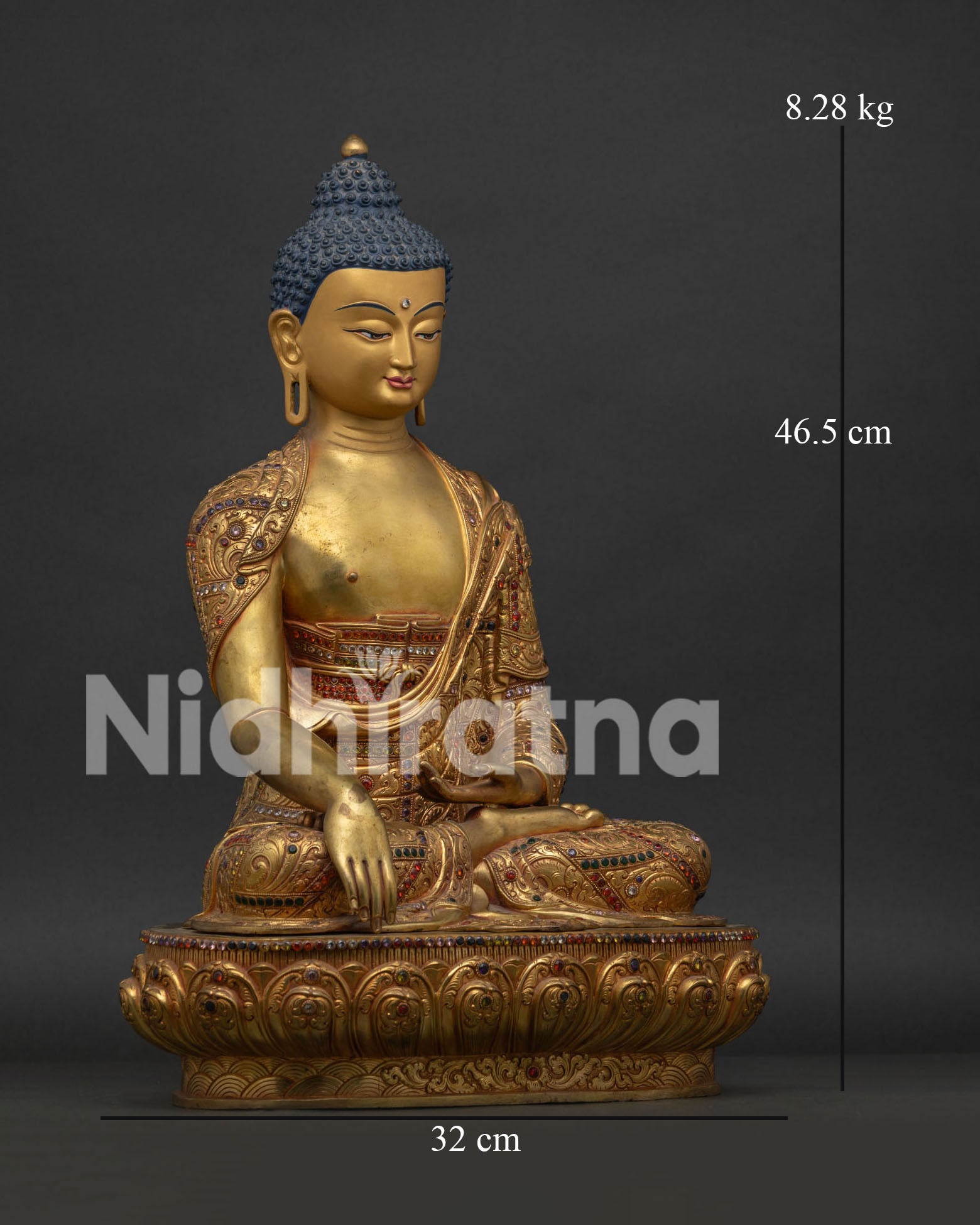 Right side view of Shakyamuni Buddha Statue with fire gilded copper and ornate robe details