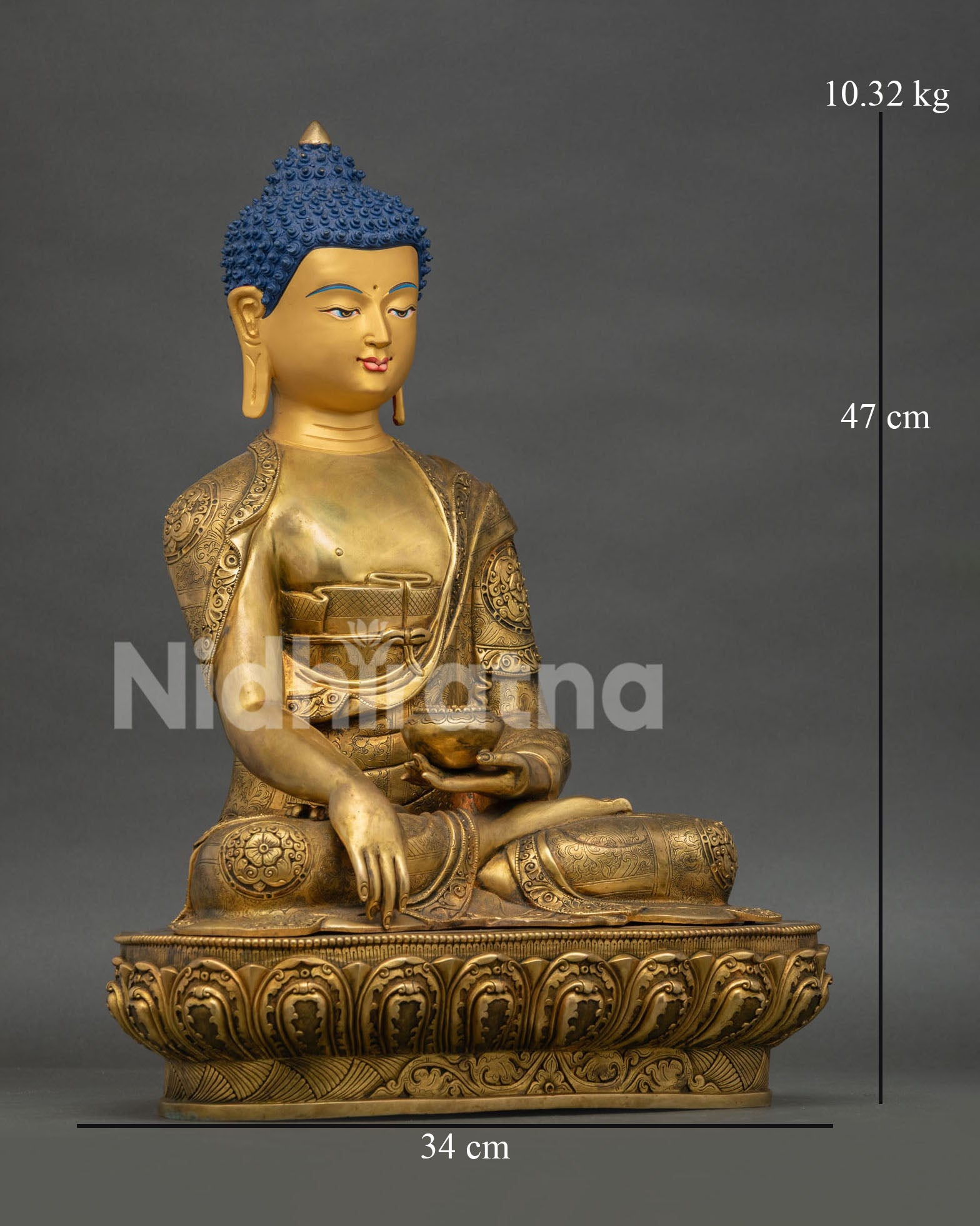 Right Side View of Shakyamuni Buddha Statue with Gold Gilded Copper Craftsmanship