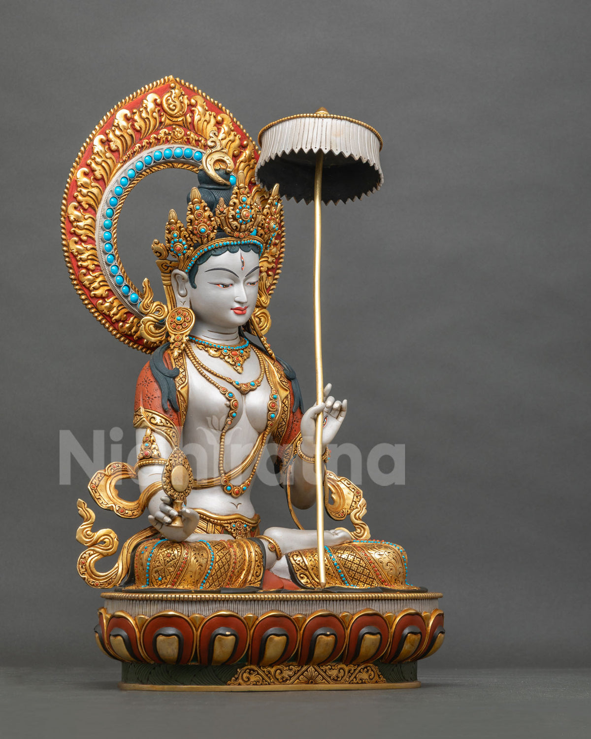 Right side view of Sitatapatra Dukkar statue with white parasol and lotus base, handmade in Nepal