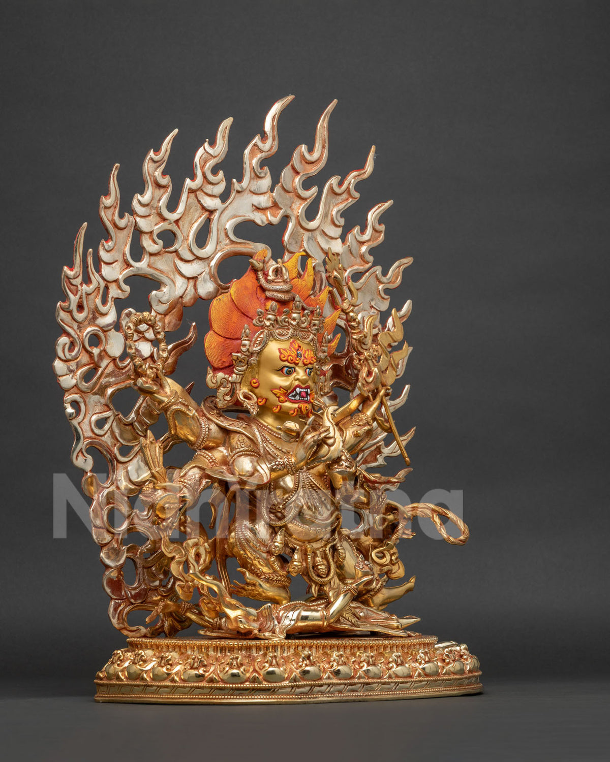 Right side view of Six Arm Mahakala Statue, Nepalese copper gold gilded Dharma protector deity