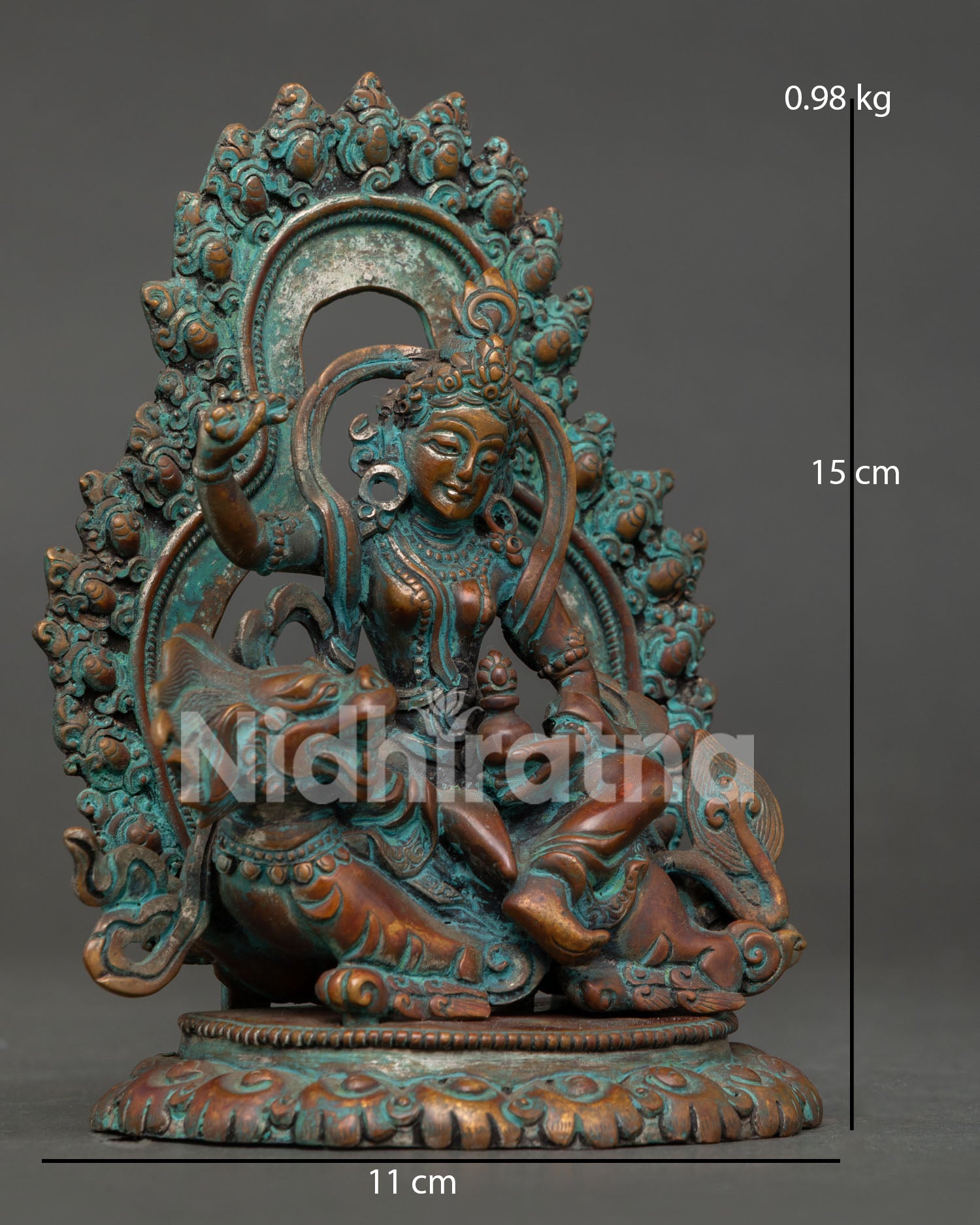 right side view of tseringma statue handcrafted copper buddhist sculpture