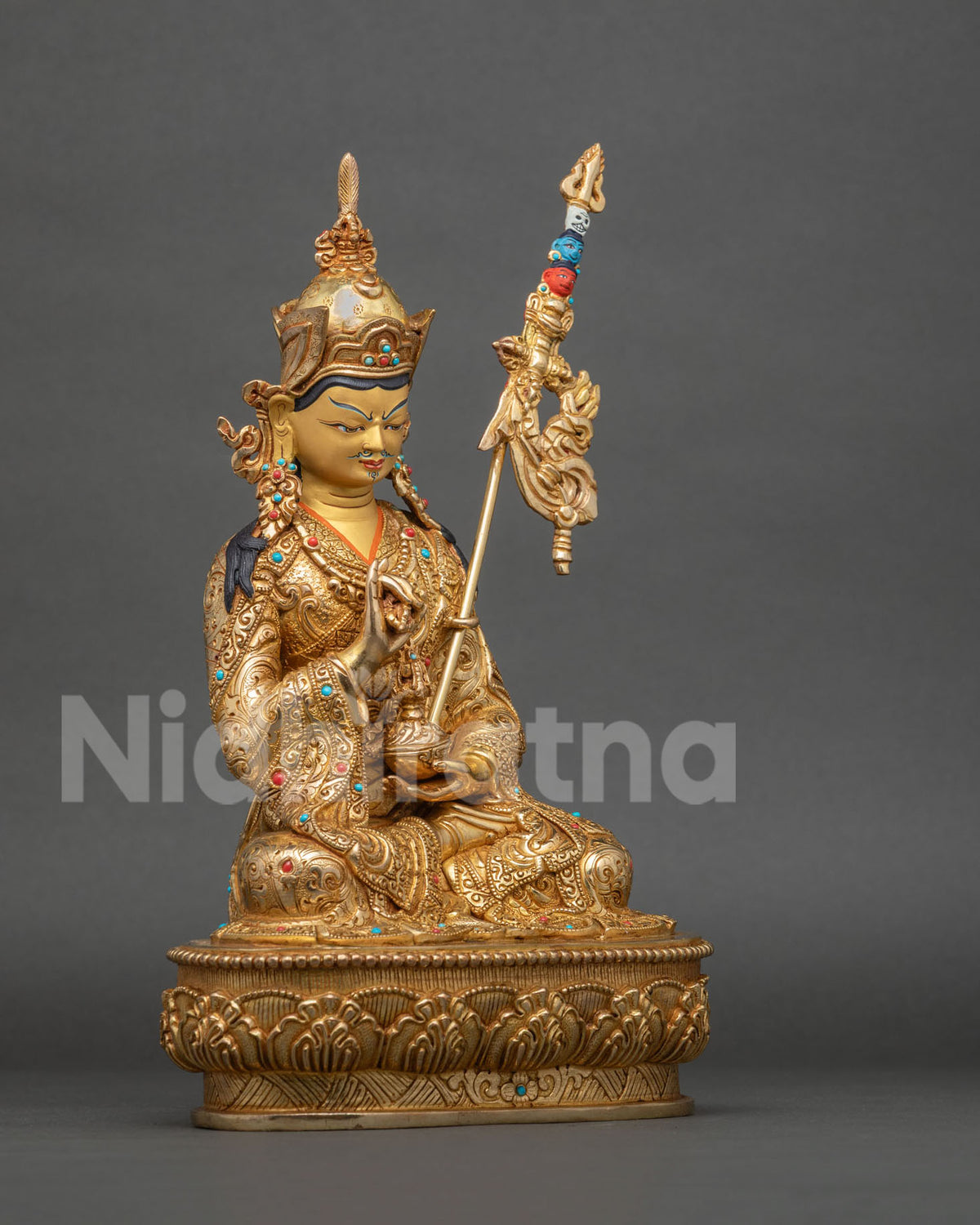 Right side view of Tsokye Dorje statue, copper Guru Rinpoche figurine with 24K gold fire-gilding