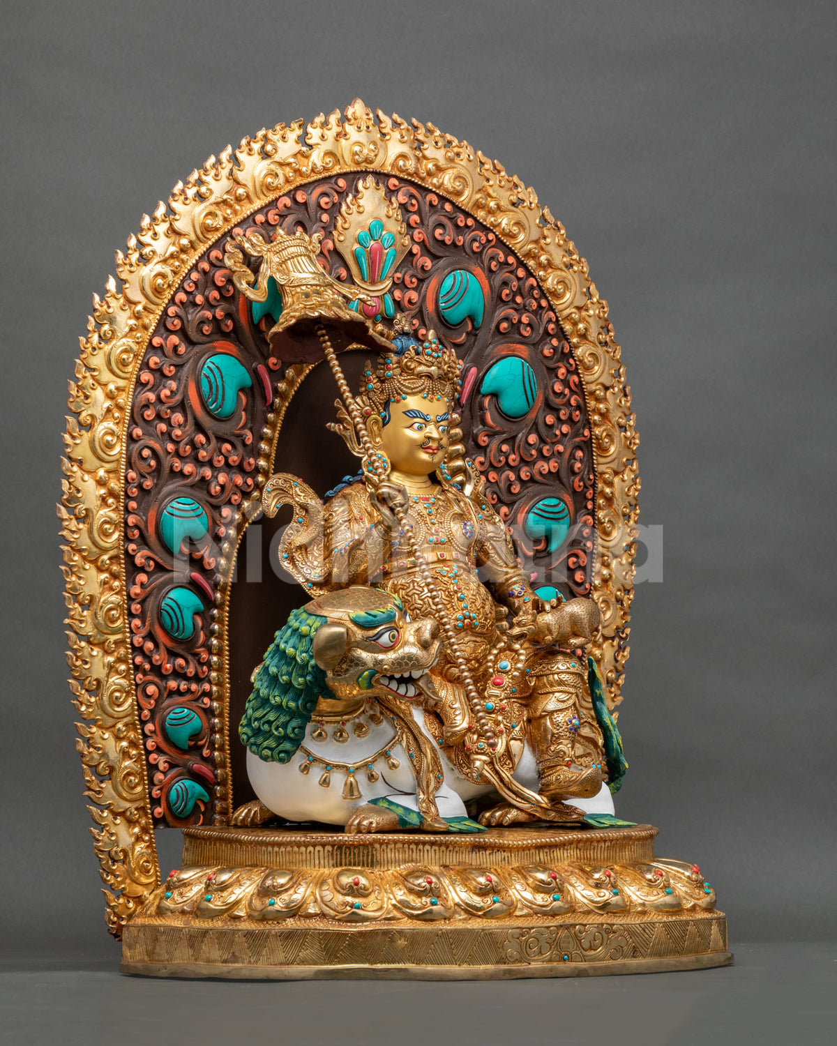 Right side view of Vaishravana Namtoshe statue on lotus base with floral acrylic-painted halo