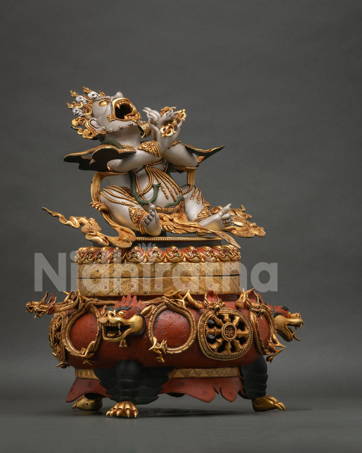 Right side view of Vajradaka Dorje Khadro statue, copper incense burner
