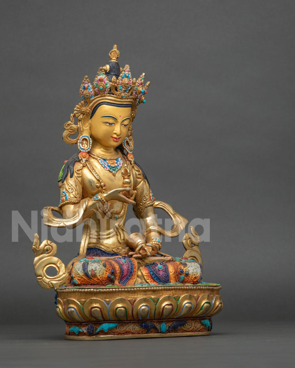 Right side view of Vajrasattva Dorje Sempa statue seated on lotus base, copper with 24K gold from Nepal