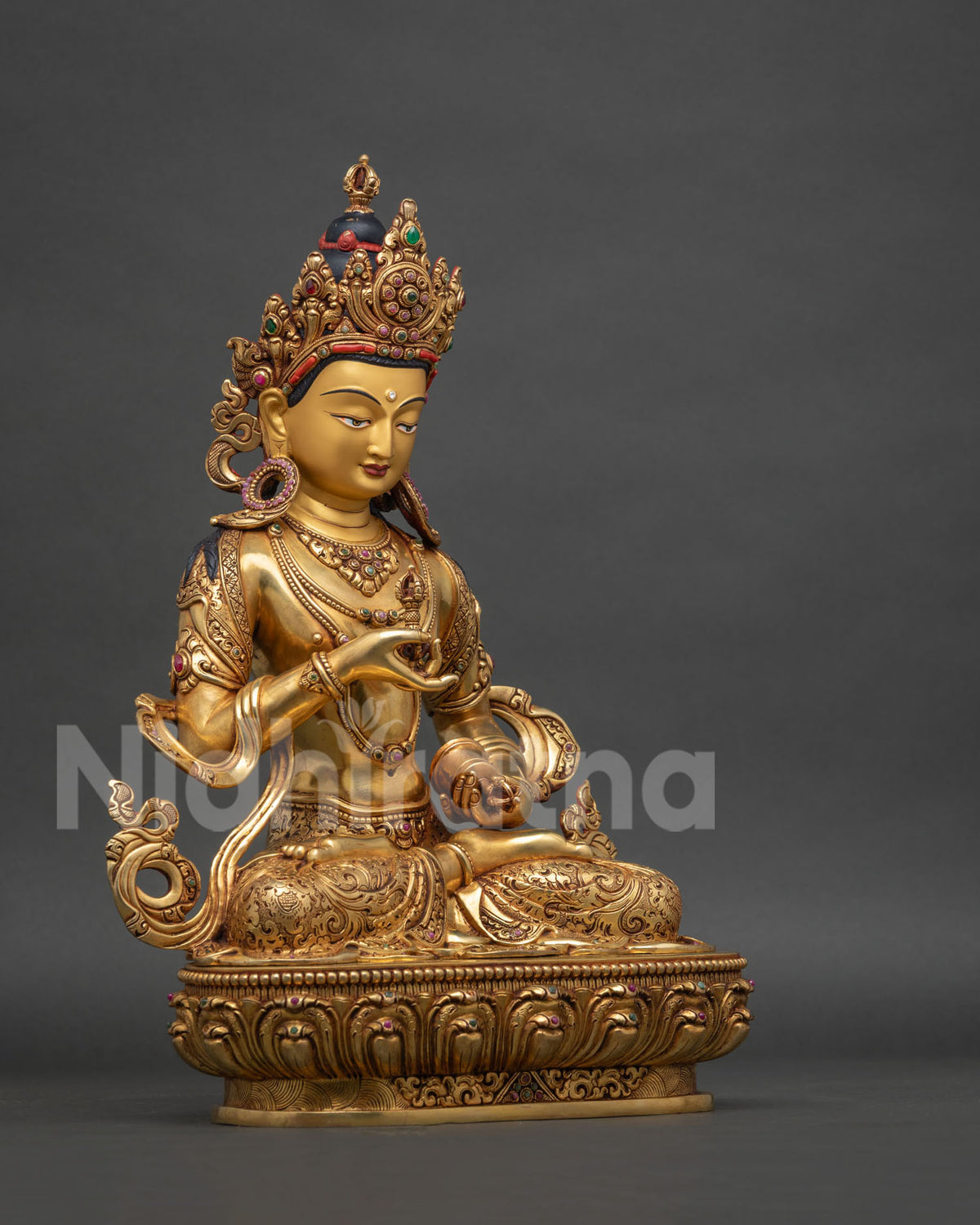 Right side view of Vajrasattva Statue, gold gilded Himalayan Buddhist sculpture