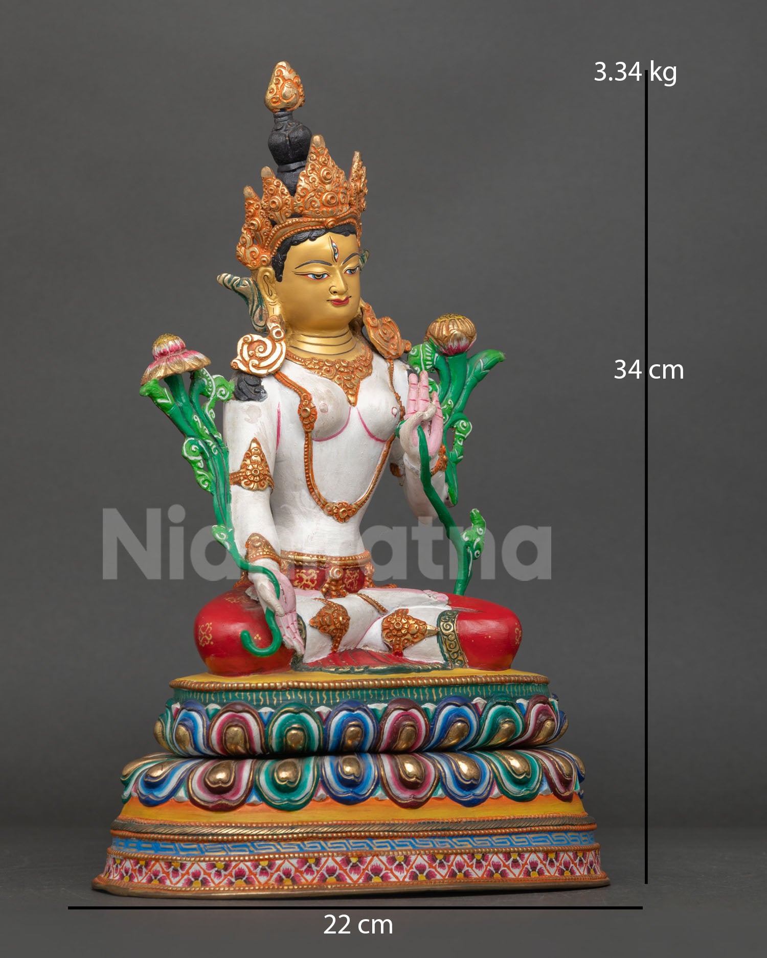 right side view of white tara statue oxidized copper buddhist altar sculpture nepal