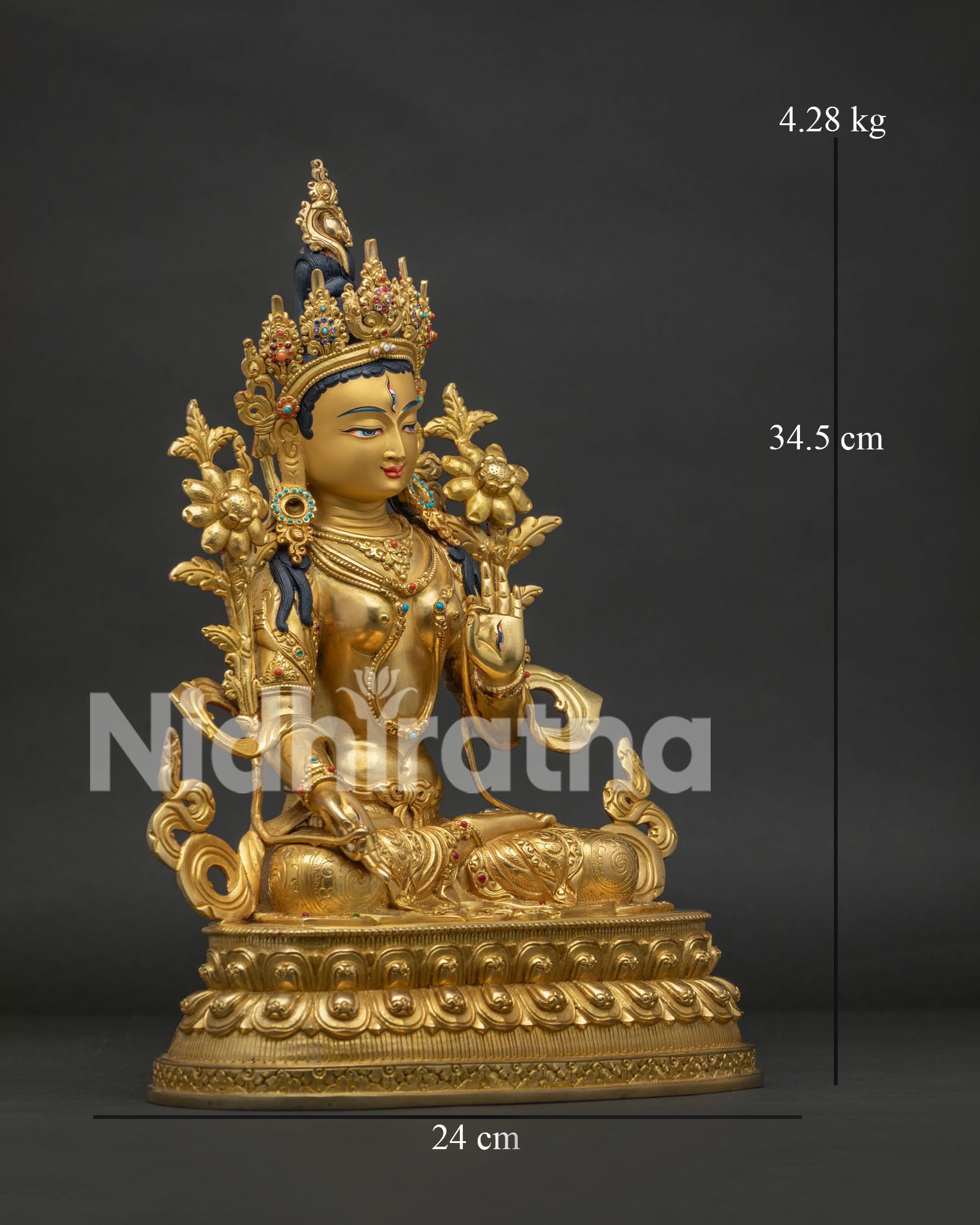 Right side view of White Tara Statue with lotus pedestal and sacred ornaments