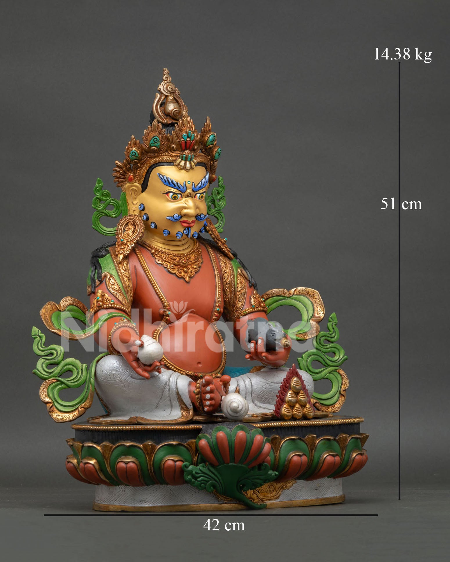 right side view of yellow dzambhala statue with lotus throne and wealth deity symbolism