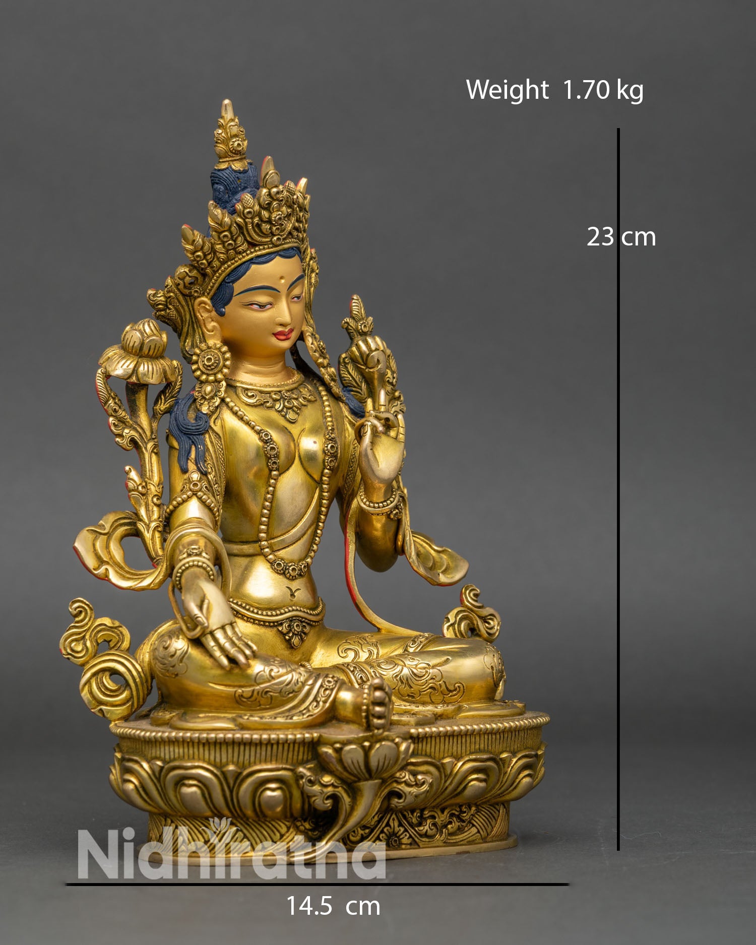 right profile of green tara statue, copper and gold hand-crafted Nepalese art