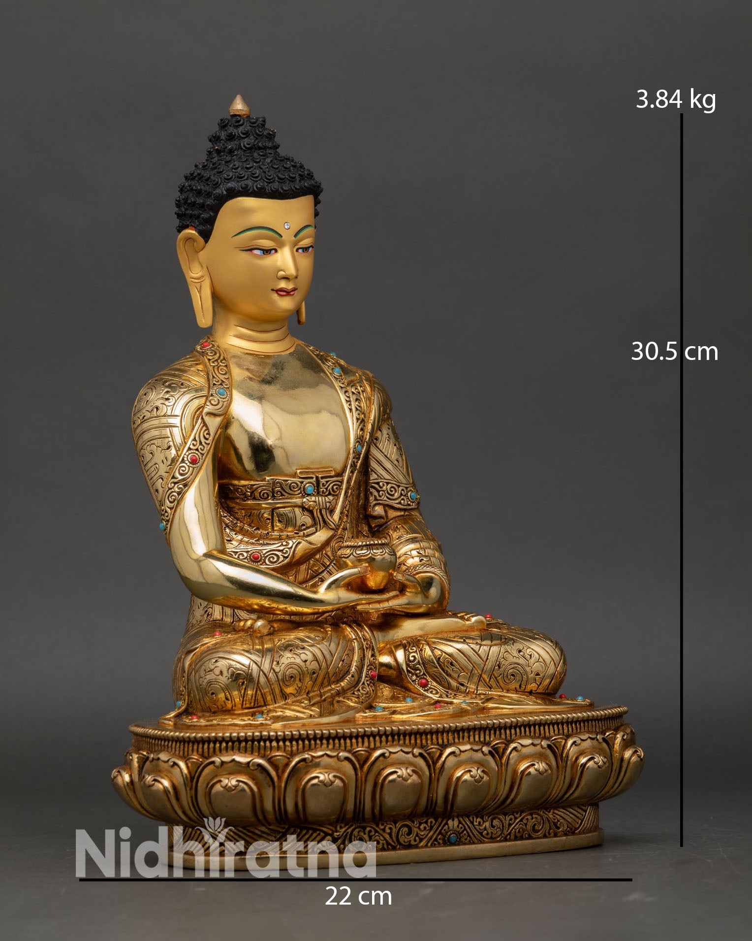 right side view, amitabha buddha statue on lotus throne, copper body with ornate robe carving and traditional gilded finish
