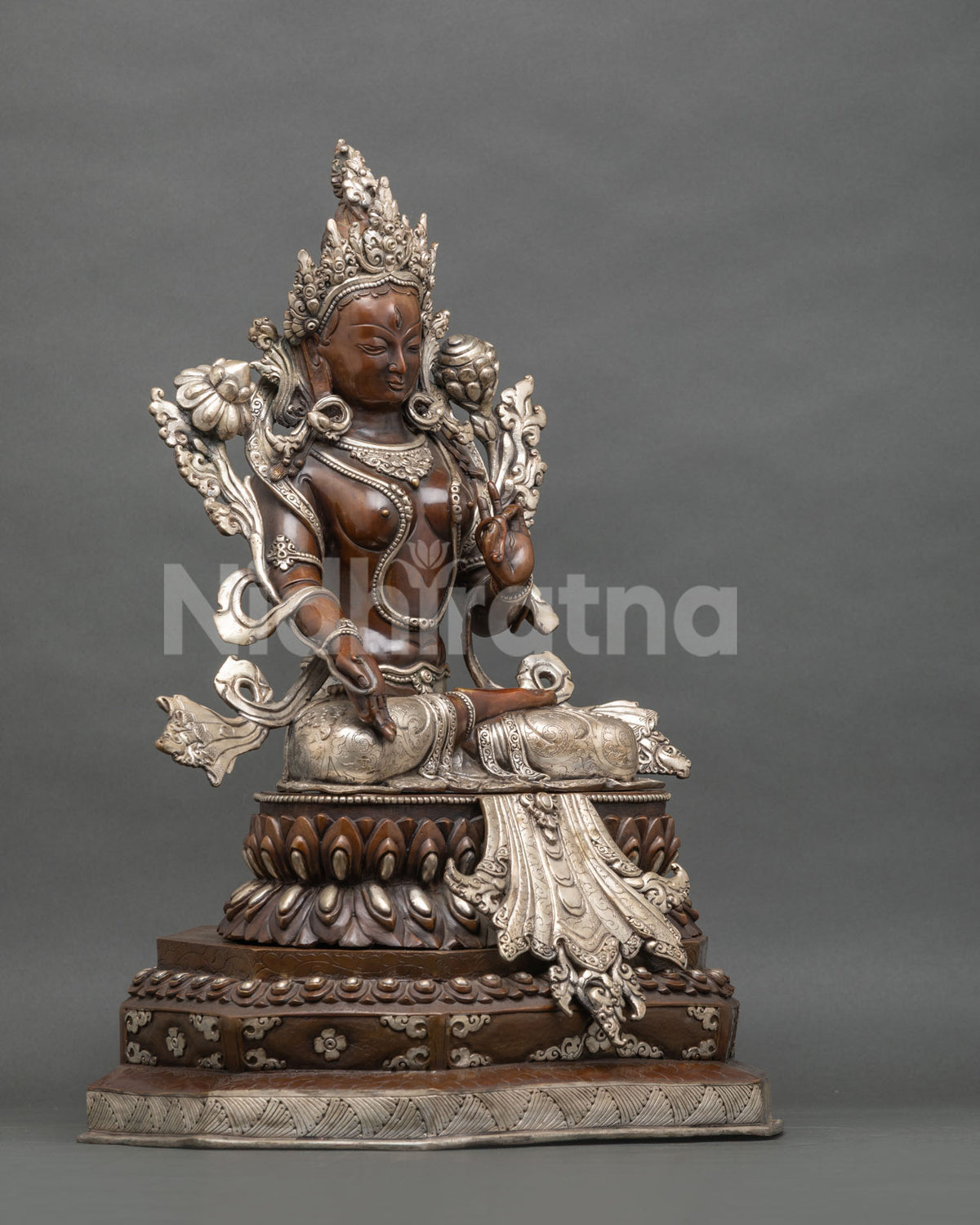 Right side White Tara Buddhist altar statue copper finish ornate robes