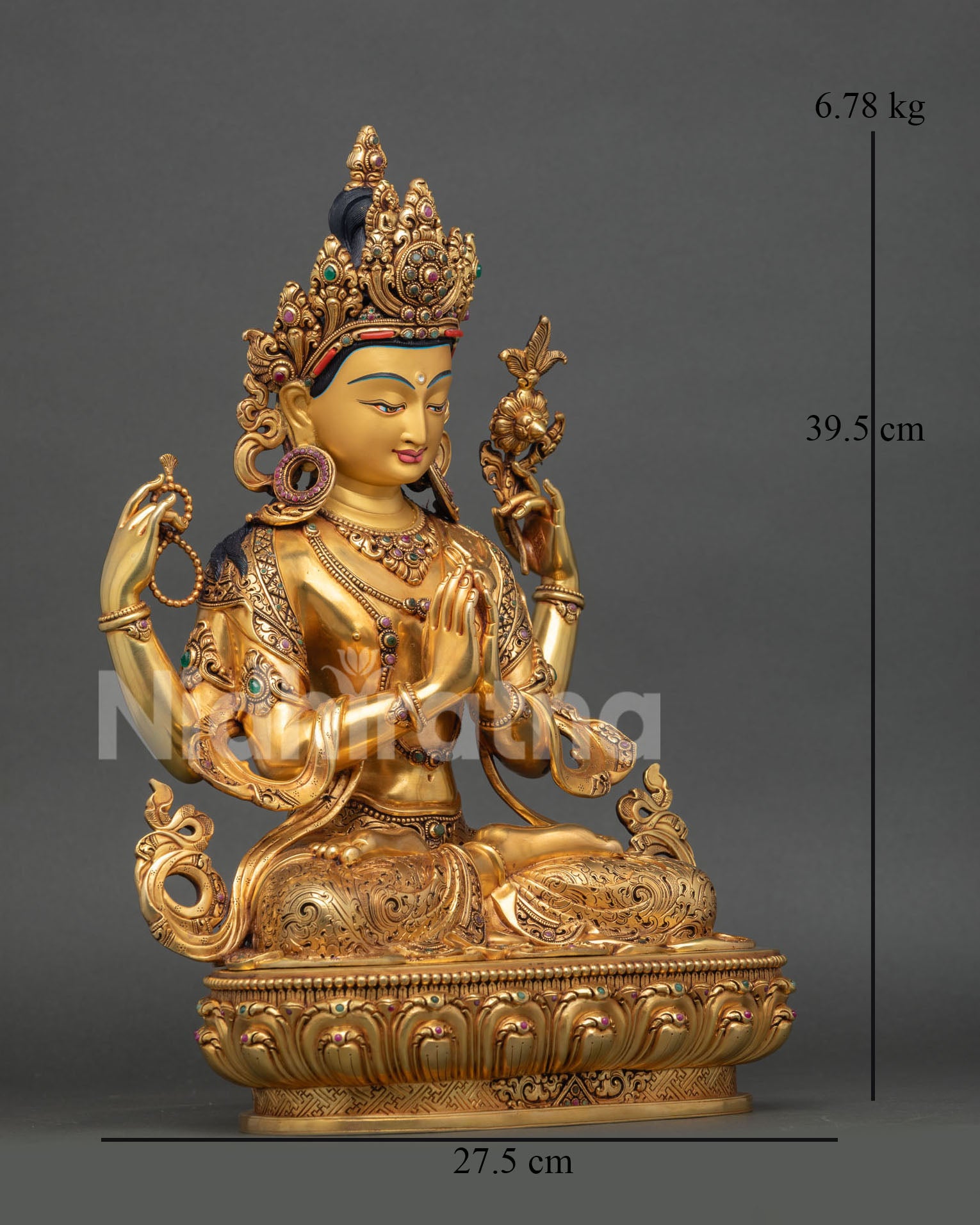 right view chenrezig statue copper lotus pedestal four armed buddhist deity handcrafted nepal