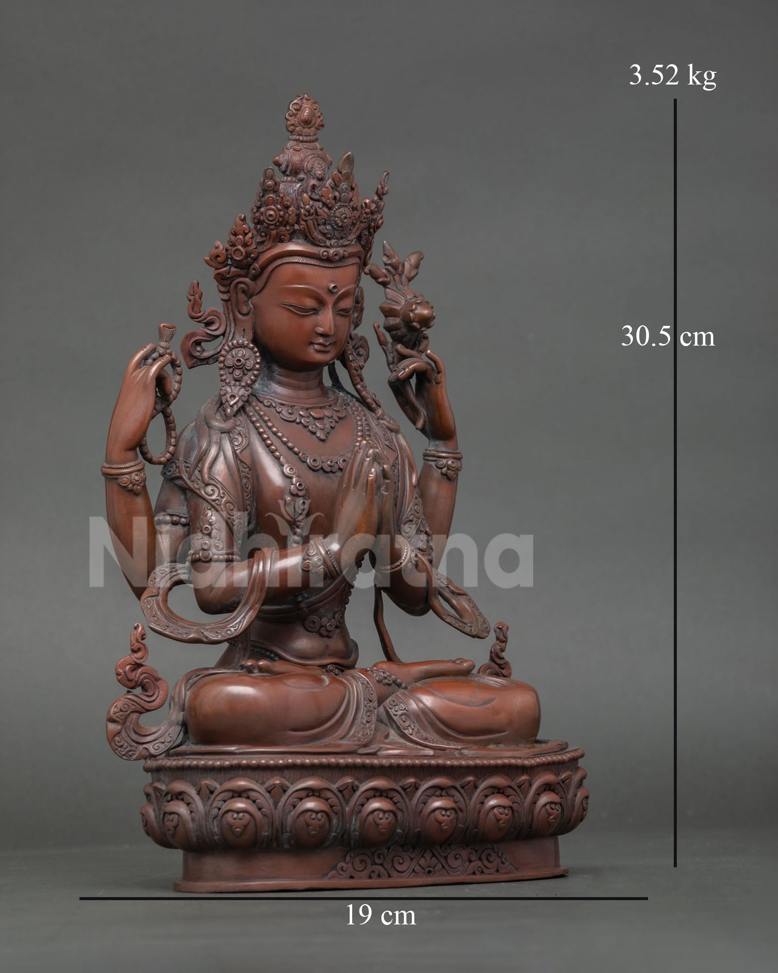 Right view of Four Armed Chenrezig statue showing full posture and ritual attributes