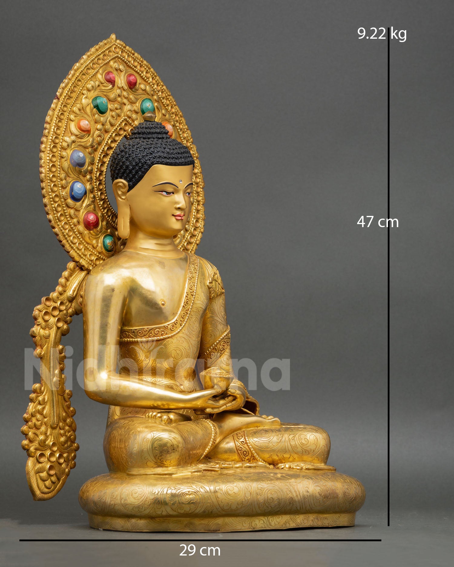 right view of amitabha buddha statue with lotus seat and sacred meditation posture