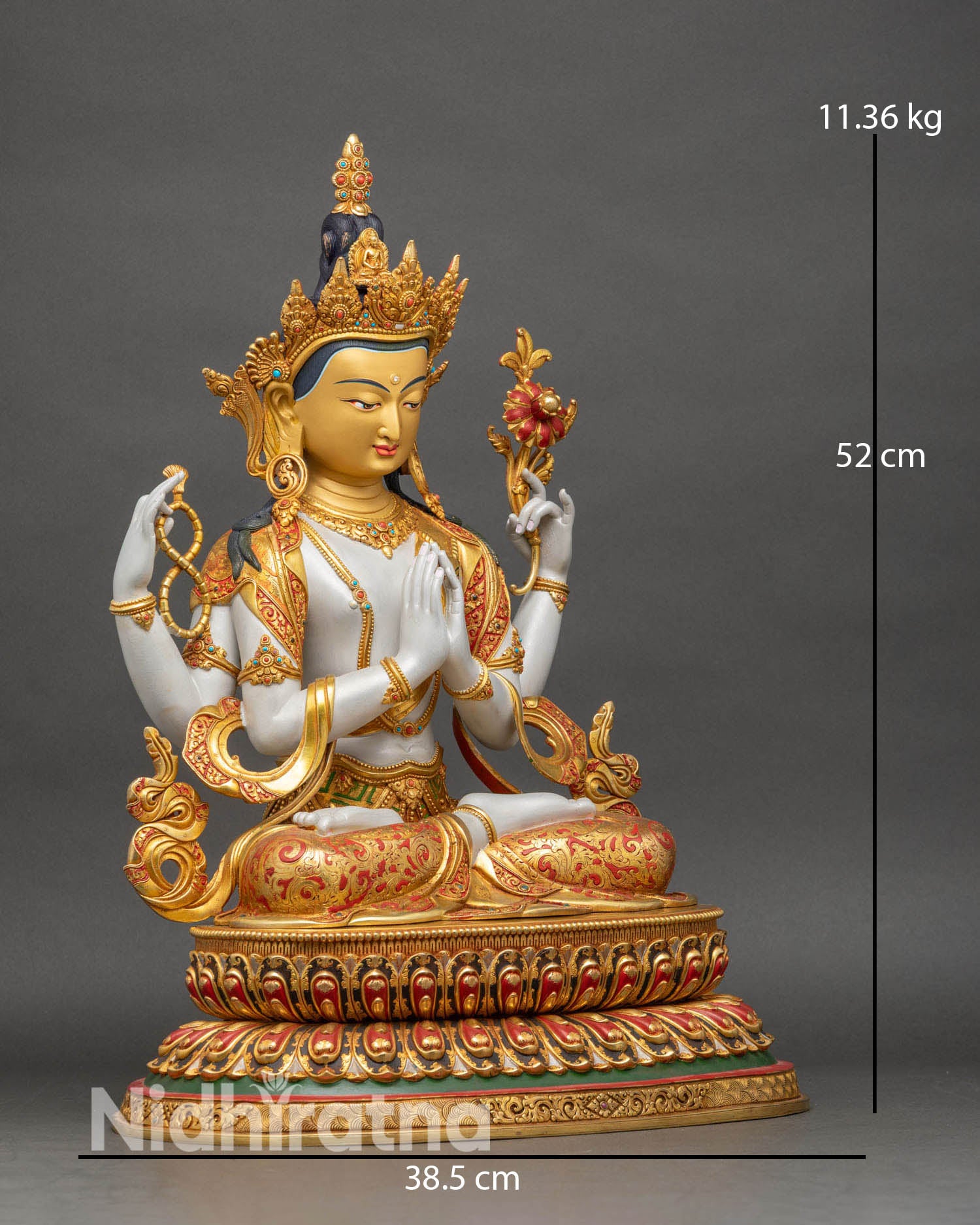 Right view of Chenrezig Avalokiteshvara statue seated on double lotus throne, gold gilded copper